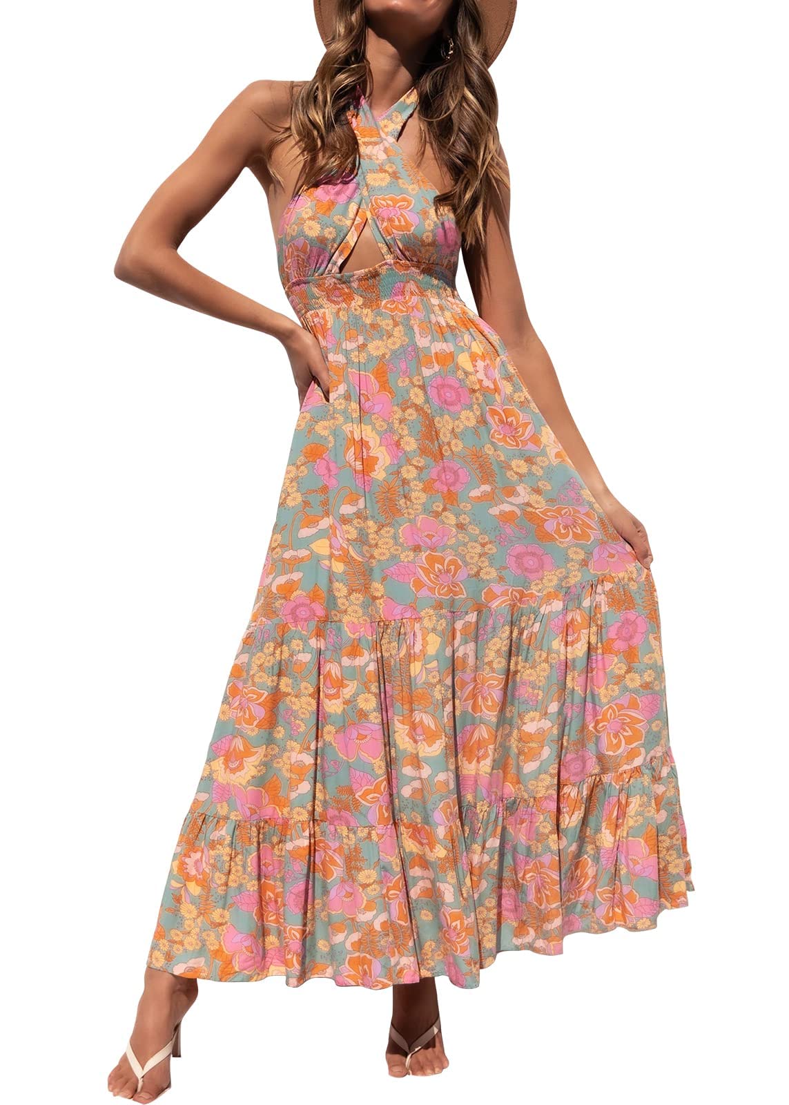 ZESICA Women's Summer 2025 Halter Neck Sleeveless Plaid Maxi Dress with Cut Out Back - Flowy A-Line Beach Dress for Vacation, Party & Date Night