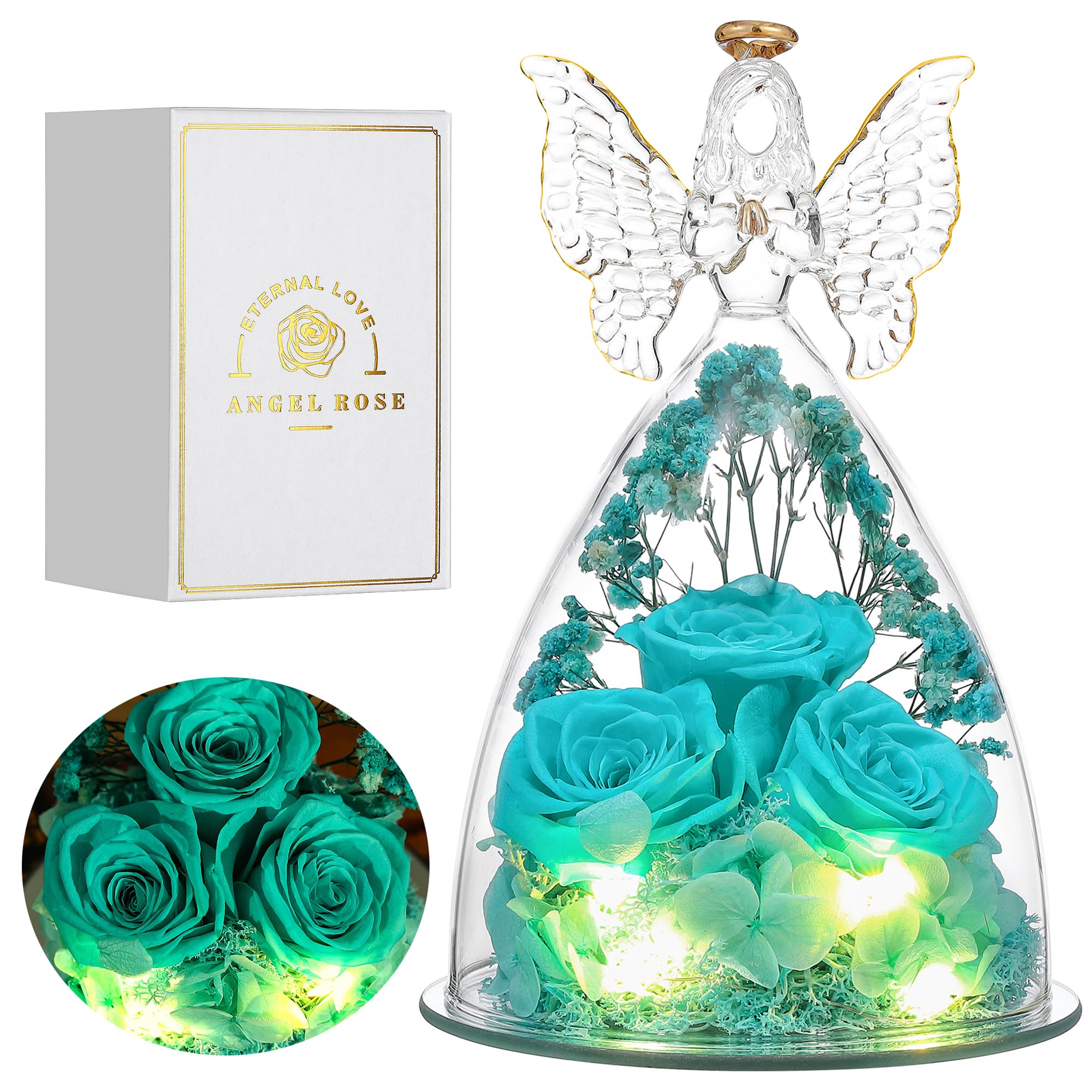 Glass Angel Figurine with 3 Preserved Real Roses - Eternal Rose Gift for Women, Mothers Day Present, Home Decor & Romantic Keepsake - Tify Blue