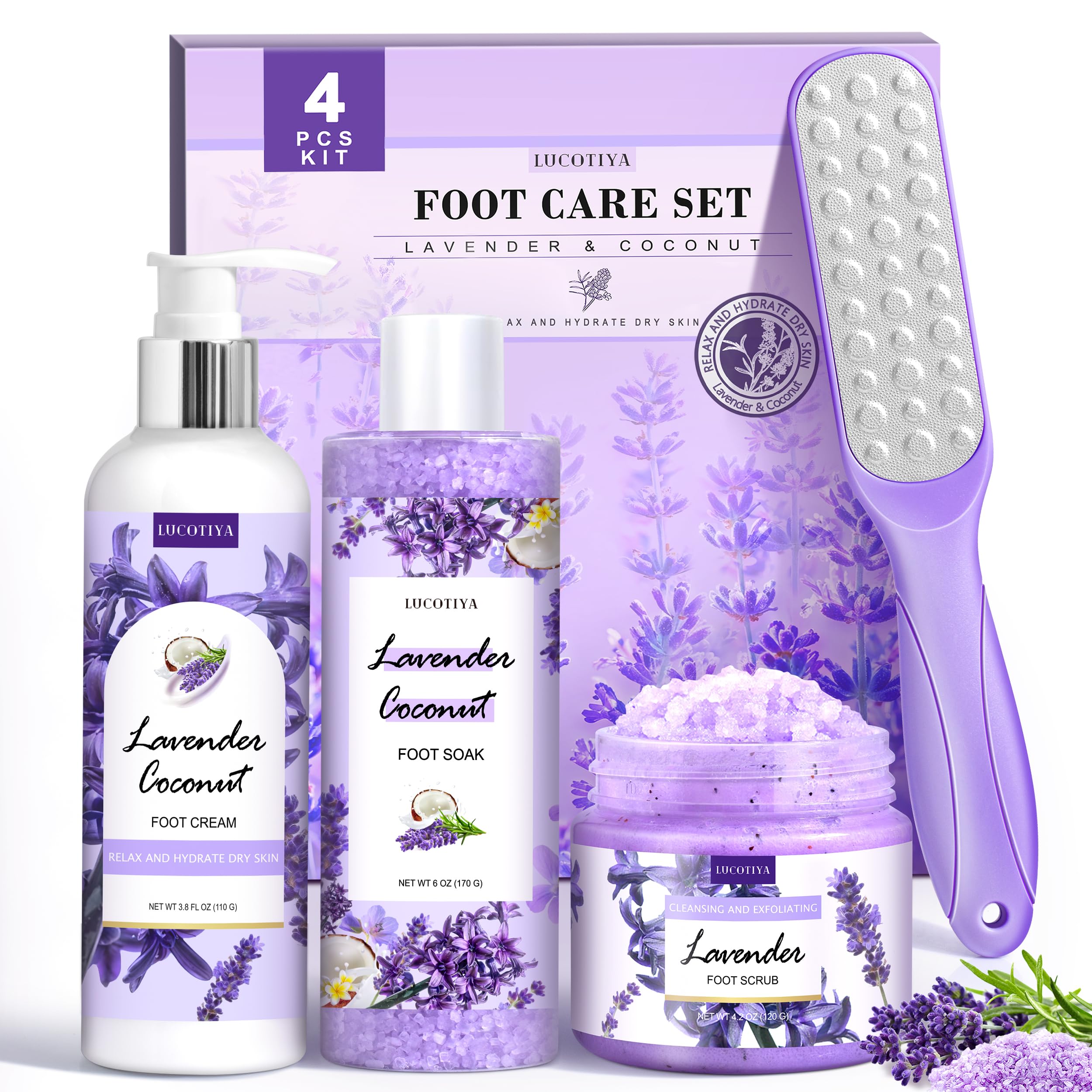 Lavender Foot Soak Set with Epsom Salt, Foot File, Exfoliating Scrub & Urea Cream - Moisturizing Pedicure Kit for Dry Cracked Feet - Women's Spa Gift Set for Relaxation & Self Care at Home