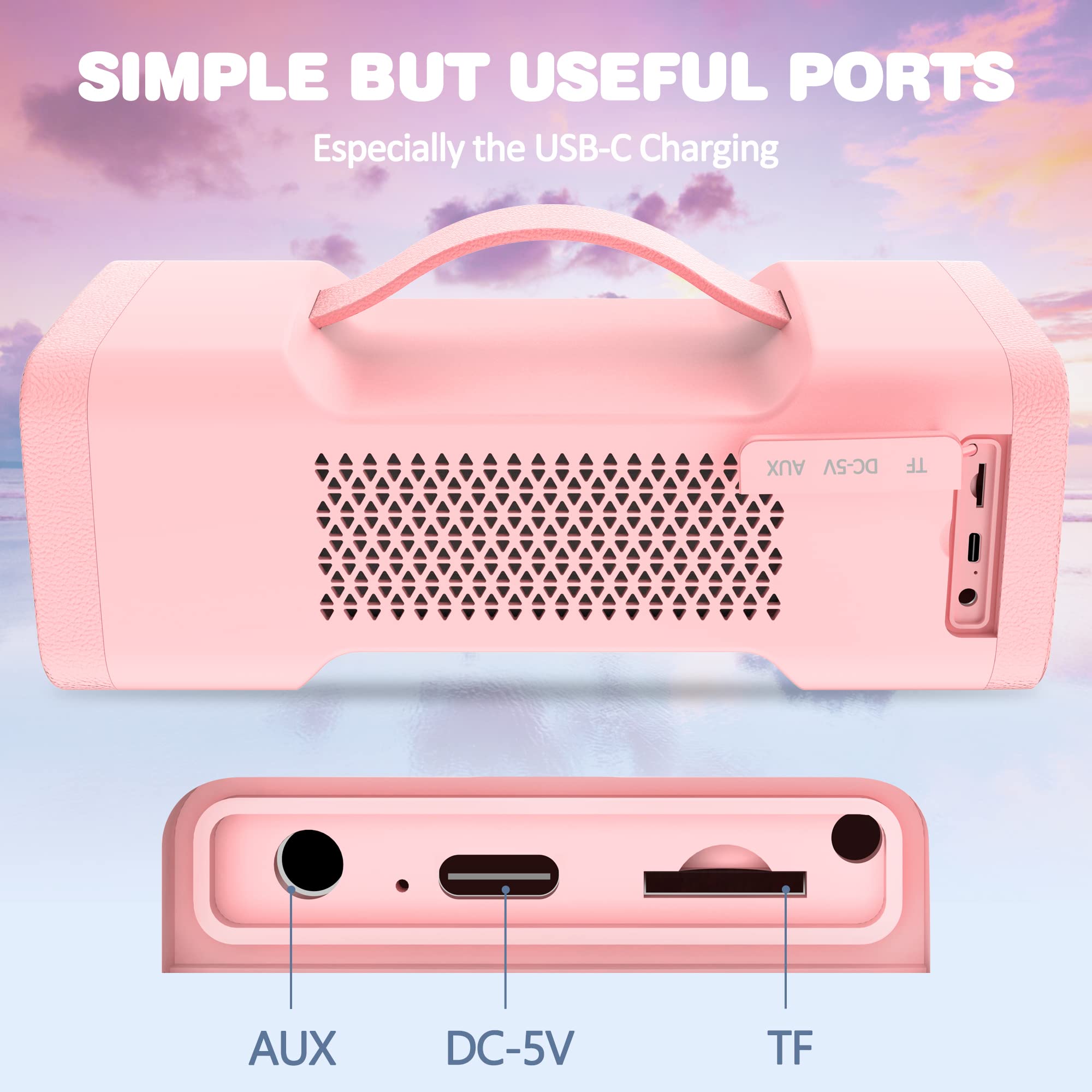 Oraolo 40W Pink Bluetooth Speaker - Portable Wireless Speaker with Loud Stereo Sound, IPX6 Waterproof, USB/AUX Input, Built-in Mic for Clear Calls - Perfect for Home, Party, Outdoor, Travel, Gifts for Women & Girls