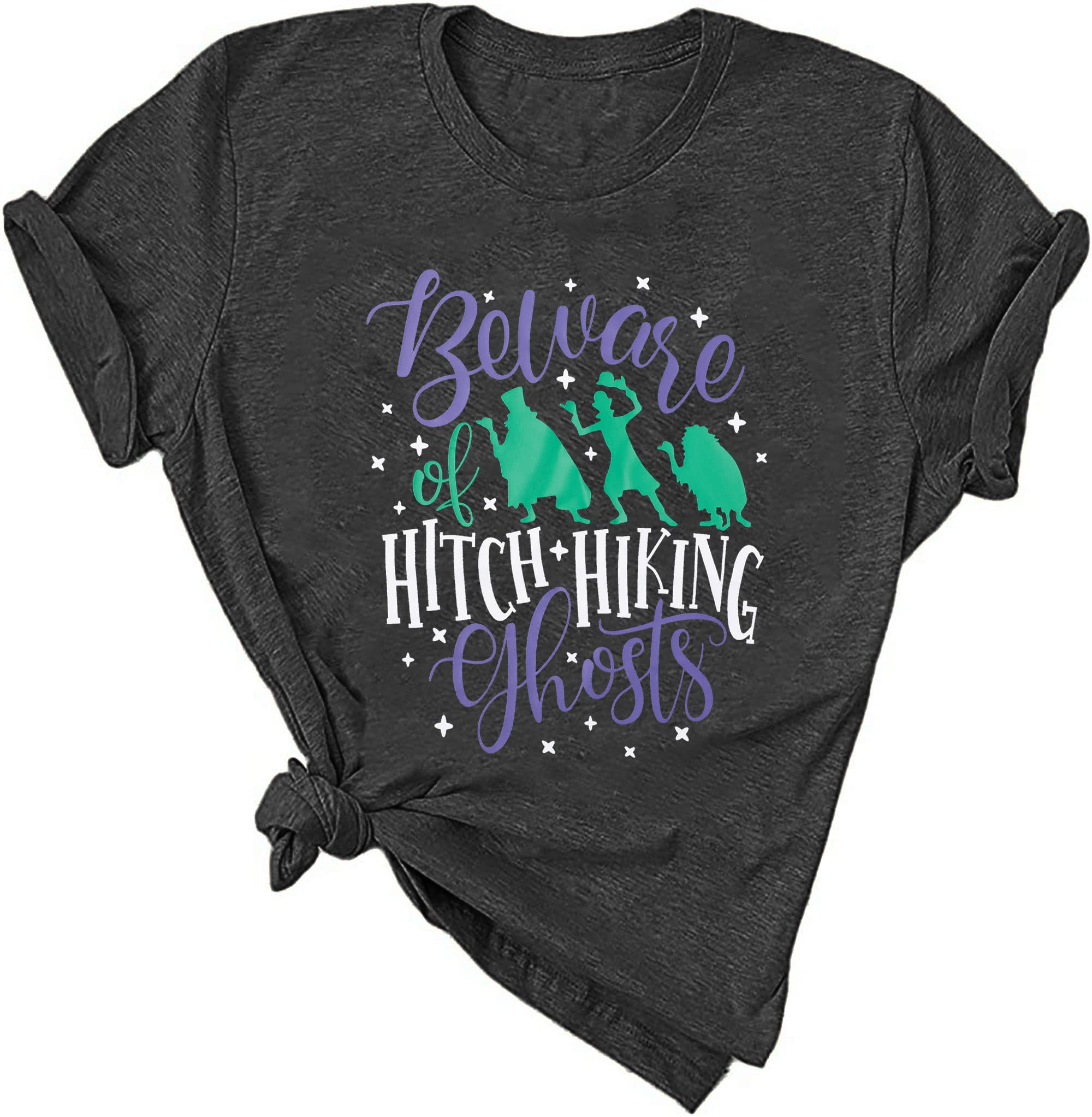 Funny Beware of Hitch Hiking Ghost T-Shirt for Women - Haunted Halloween Short Sleeve Tee - Perfect for Halloween Parties, Costume Events & Spooky Outfits