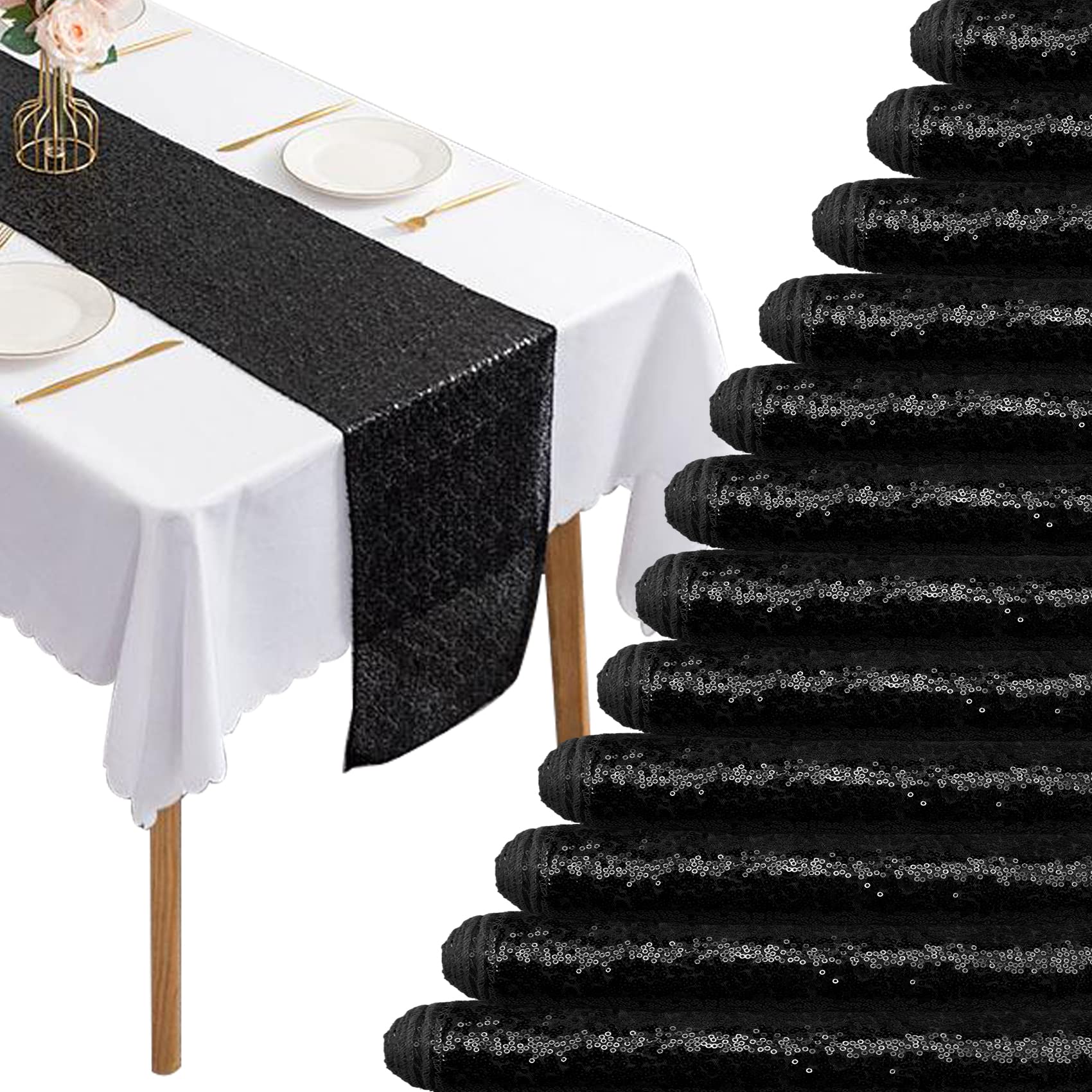 12 Pack Sequin Table Runners - Glitter Dining Table Decor for Birthday, Wedding, Engagement, Bridal Shower, Baby Shower, Bachelorette & Holiday Parties (12