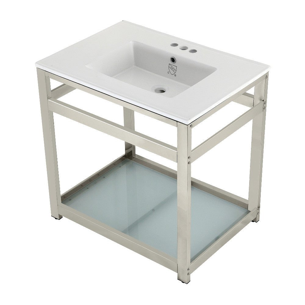 31 x 22 Inch Modern Ceramic Bathroom Console Table with Steel Frame & Tempered Glass Shelf - 4 Inch, 3 Hole Design - Perfect for Small Bathrooms, Powder Rooms & Vanity Storage