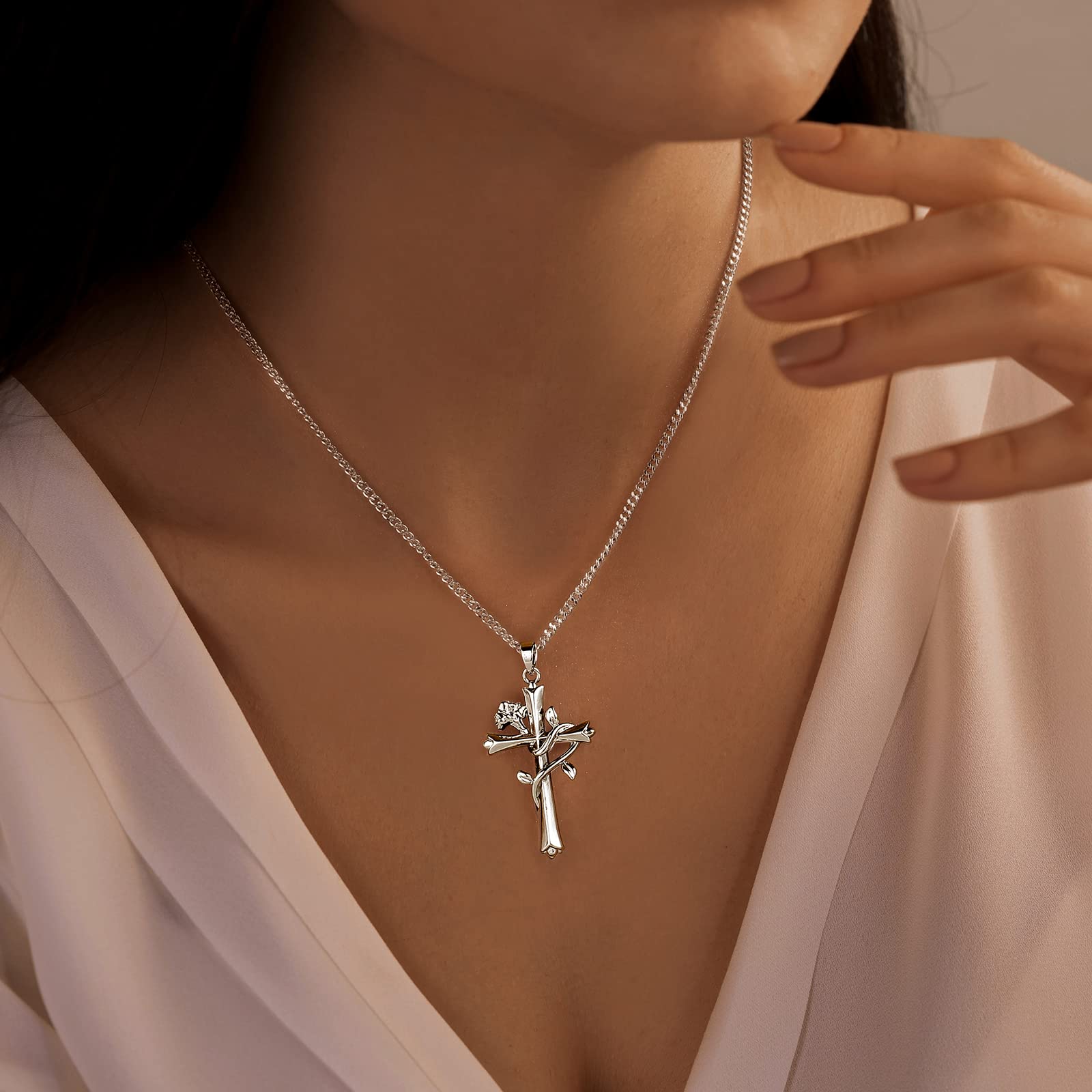 ACECHA Silver Faith Cross Necklace for Women - Birthstone & Birth Flower Pendant Jewelry | Thoughtful Gift for Wife, Teen Girls, Women | Perfect for Birthday, Anniversary & Religious Occasions