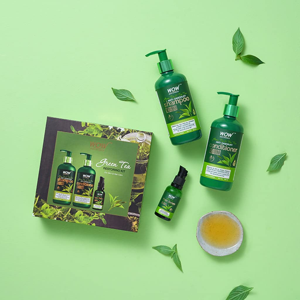 WOW Skin Science Green Tea Restoring Gift Kit for Men & Women - Premium Luxury Skin & Hair Care Set with Shampoo, Conditioner & Face Serum (3-Piece Combo) | Perfect for Diwali Gifts, Spa Days & Self-Care Routines