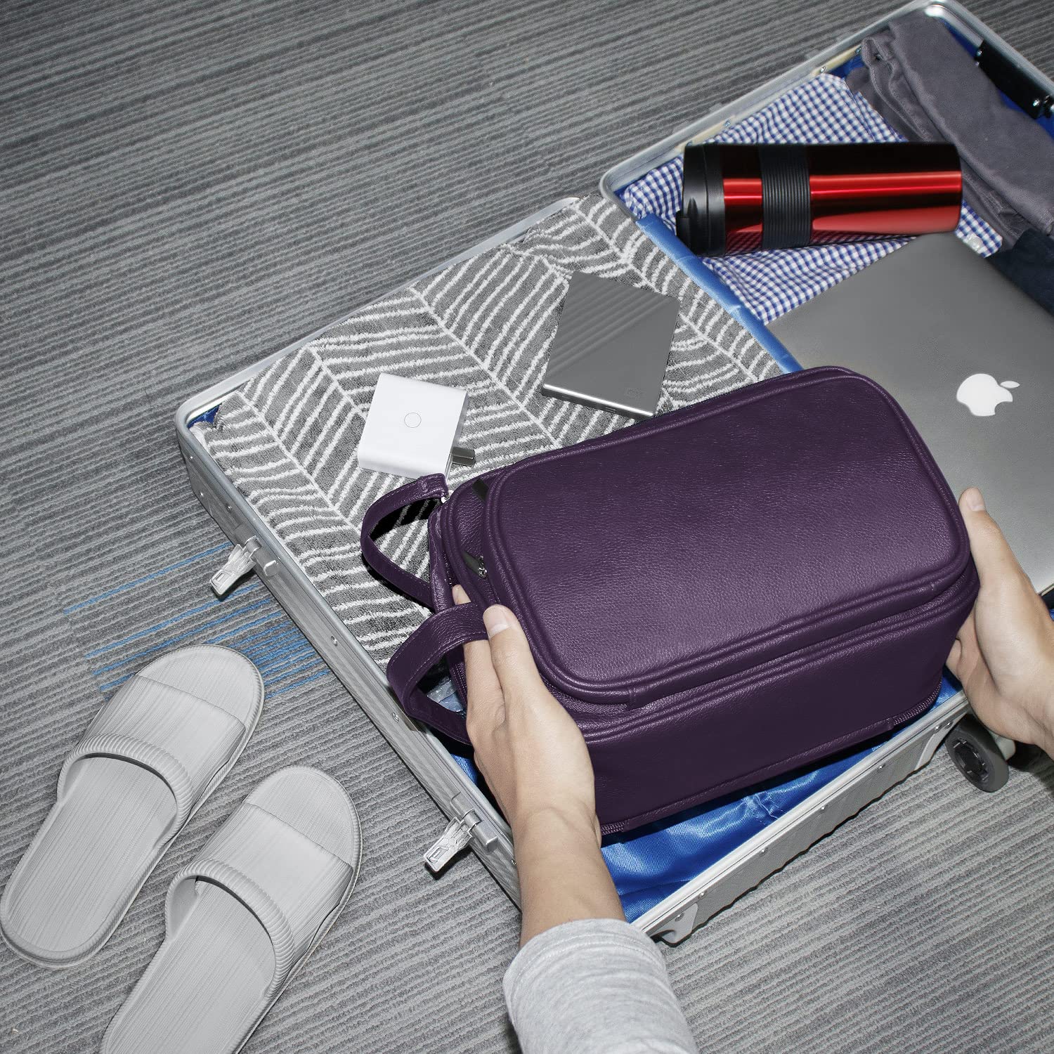 Buruis Large Waterproof Travel Toiletry Bag for Men & Women - PU Leather Cosmetic Organizer, Dopp Kit & Shaving Bag for Bathroom Essentials (Purple) - Perfect for Business Trips, Vacations & Gym Use