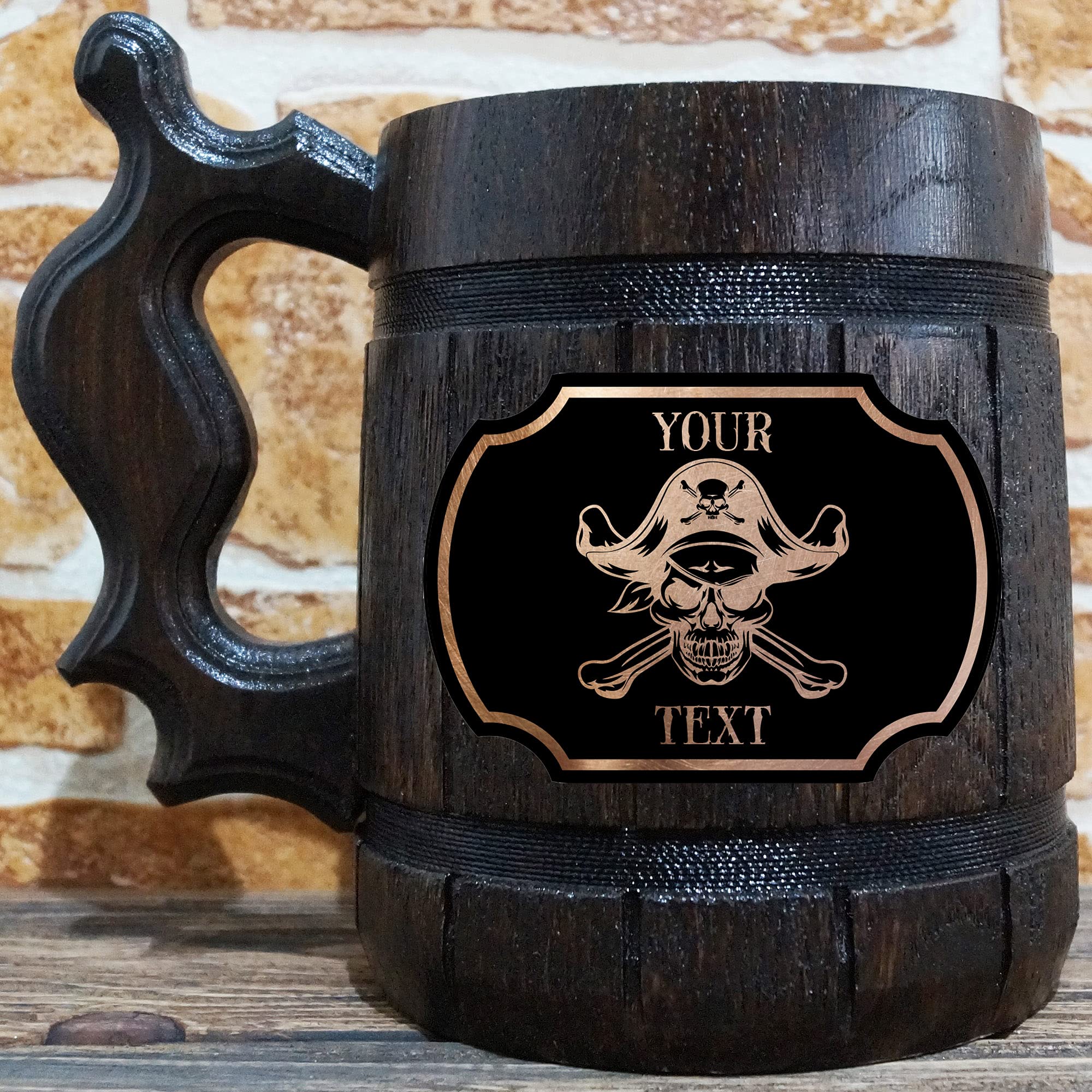Personalized Pirate Skull Beer Stein - Custom Engraved Wooden Tankard Mug for Men, Unique Gifts for Dad, Husband, Gamer - Perfect for Birthday, Anniversary, Wedding & Geek-Themed Parties