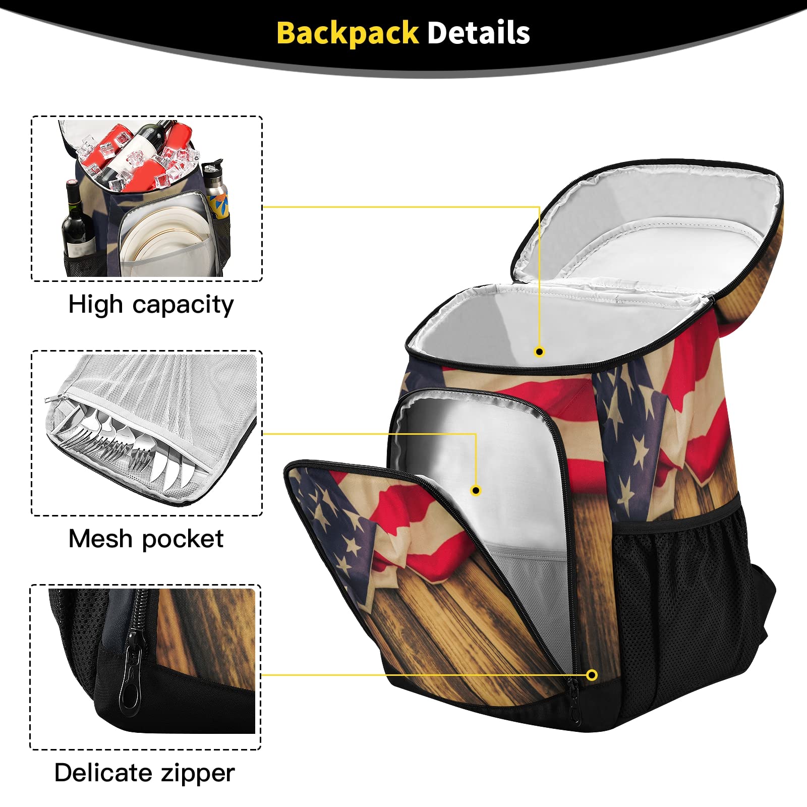 Nander Old Mood American Flag Cooler Backpack - Leakproof, Large Capacity, Insulated Cooler Bag for Lunch, Work, Hiking, Camping, Beach, Fishing, and Outdoor Adventures