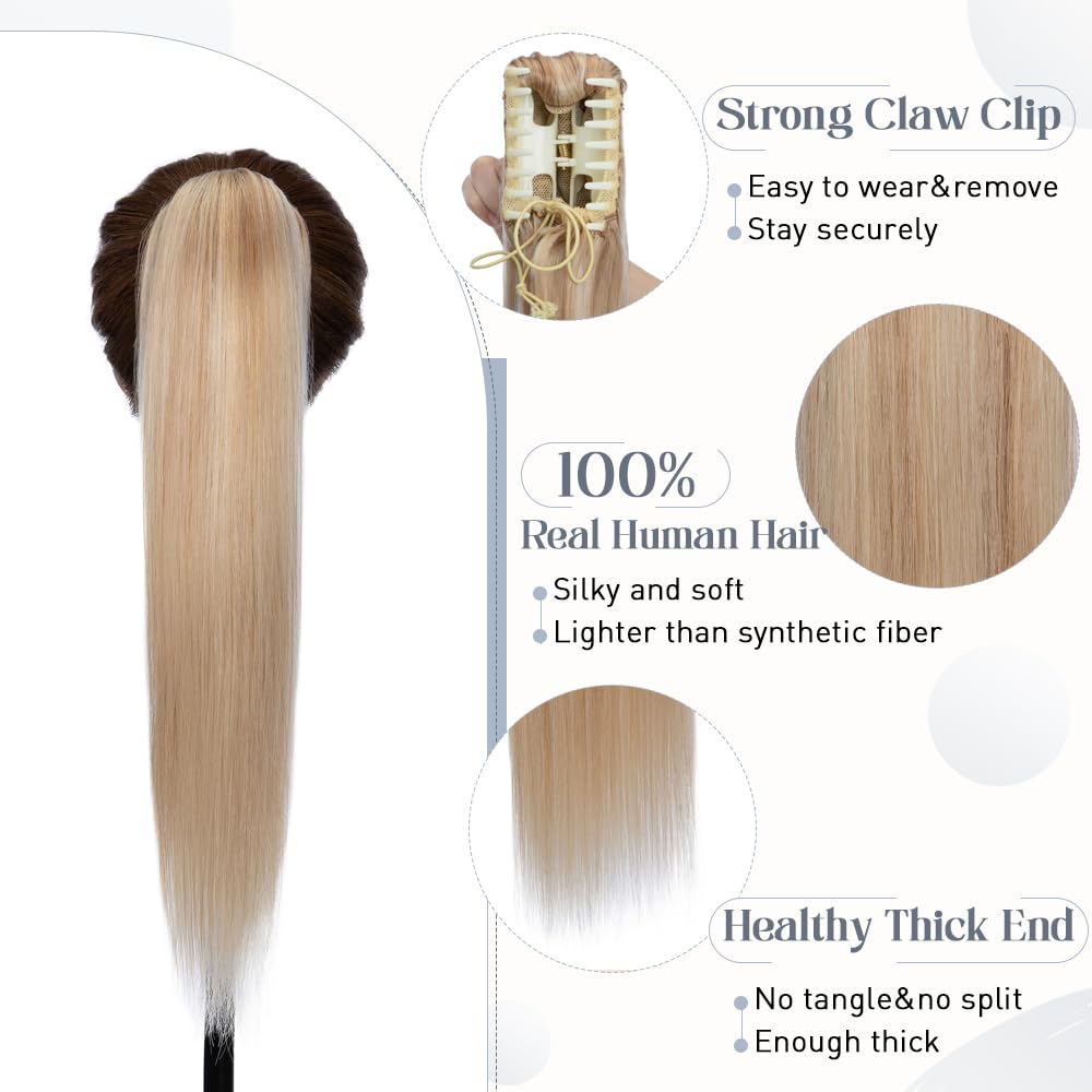 Rich Choices 20 Inch Human Hair Ponytail Extension - Clip In Remy Hair Ponytail with Balayage Highlights (Ash Blonde/Bleach Blonde, 120g) for Women - Perfect for Parties, Weddings & Everyday Styling