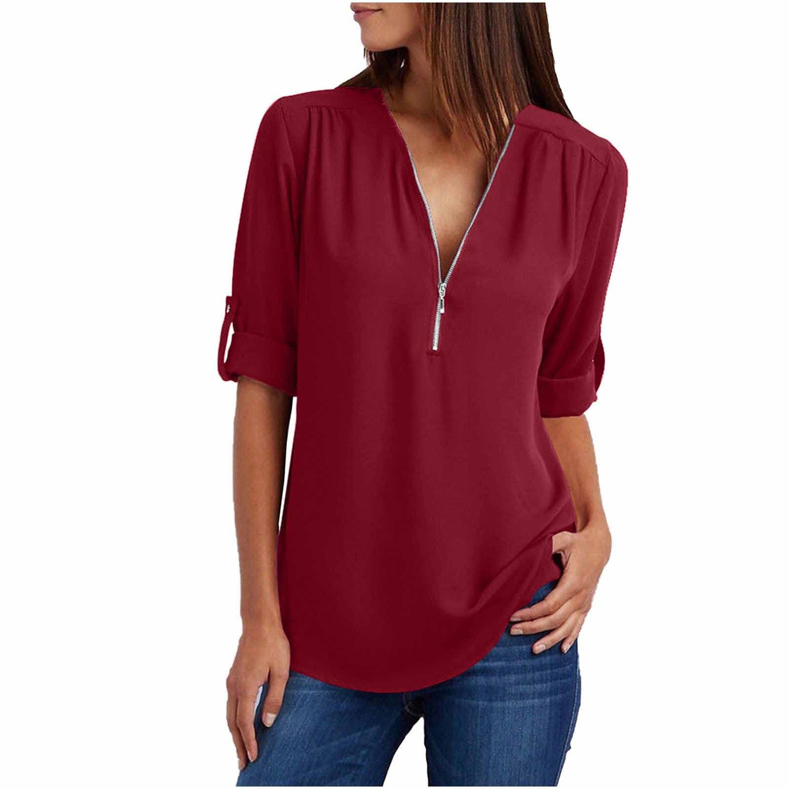 2022 Women's Summer Short Sleeve Chiffon Tunic Top - Sexy V-Neck Zipper Blouse for Casual Wear | Loose Fit Solid Color Shirt for Beach, Party & Office Outfits