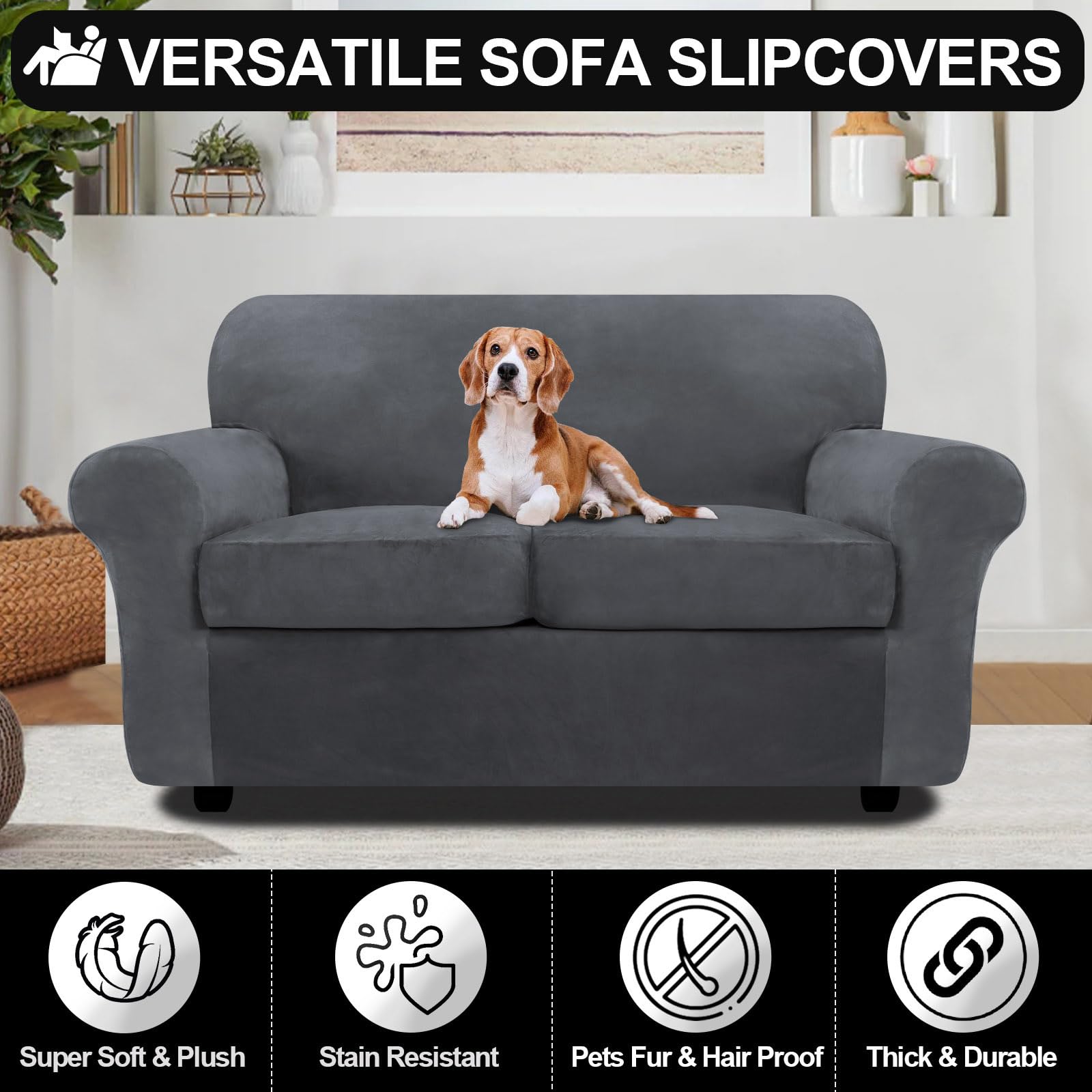 Premium Velvet Sofa Cover for 2-Cushion Couch - Stretchable 3-Piece Slipcover for Love Seat | Pet-Friendly Thick Furniture Protector in Grey | Perfect for Living Room, Apartment & Pet Owners