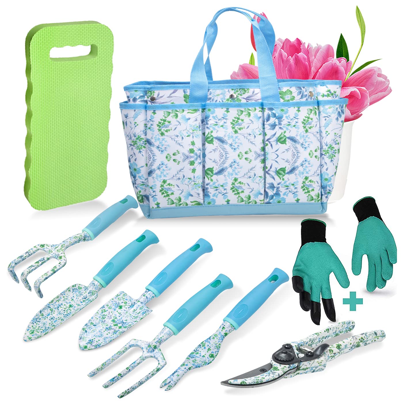 9-Piece Aluminum Alloy Garden Tool Set - Durable Gardening Hand Tools Kit with Gloves, Tote Bag & Kneeling Pad - Perfect Gift for Women & Parents - Ideal for Planting, Weeding, Pruning & Transplanting in Home Gardens