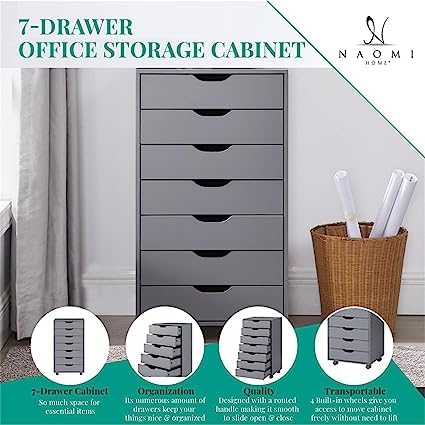 Naomi Home 7-Drawer Office File Cabinet with Wheels - White, Under Desk Storage Organizer for Home Office, 180 lbs Capacity - Perfect for Printer Stand & Document Filing Organization