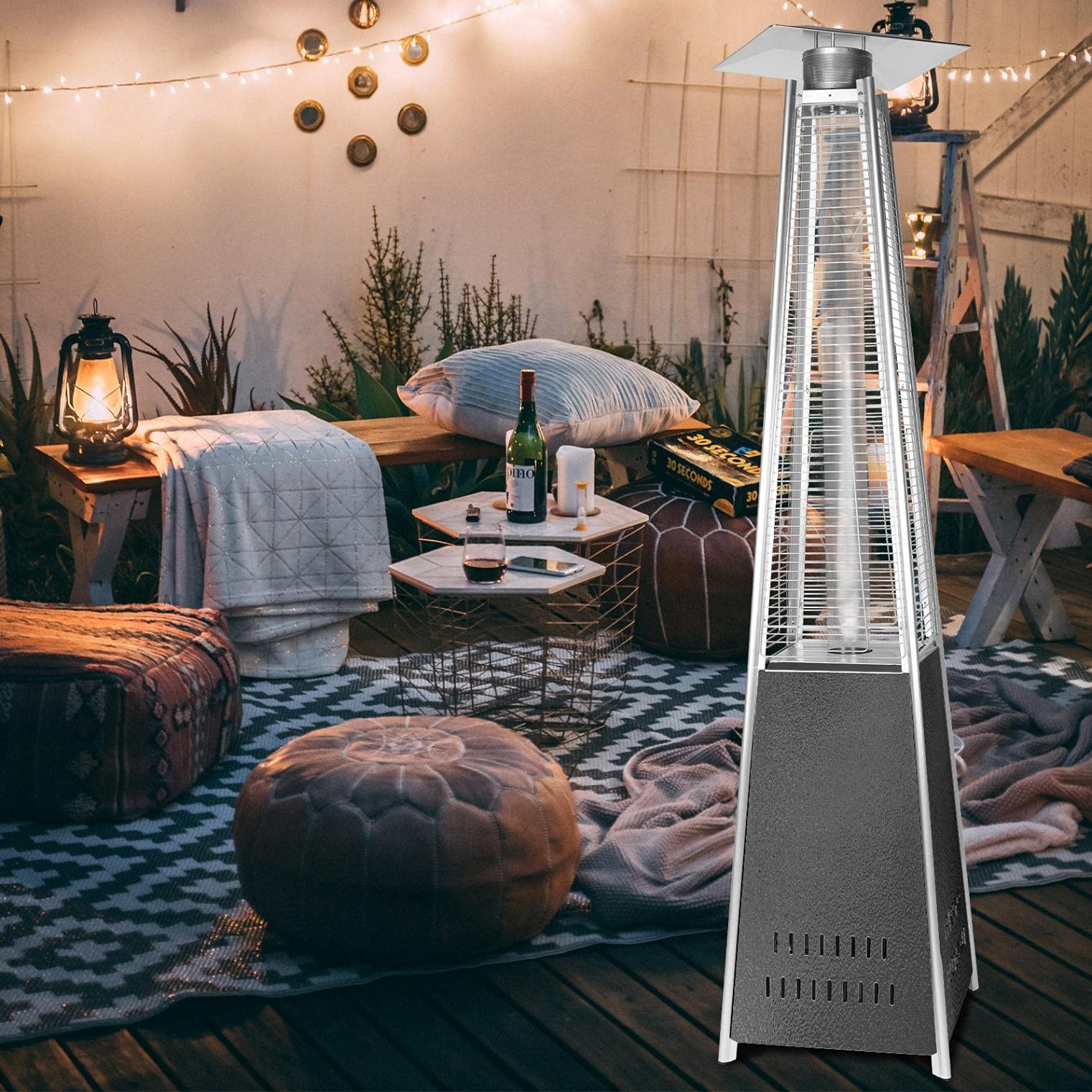 CRX 42,000 BTU Pyramid Flame Outdoor Propane Heater with Wheels & Thermostat - Silver Patio Heater for Swimming Pool, Greenhouse, Backyard, Deck & Outdoor Dining - Portable Space Heater for All-Weather Use