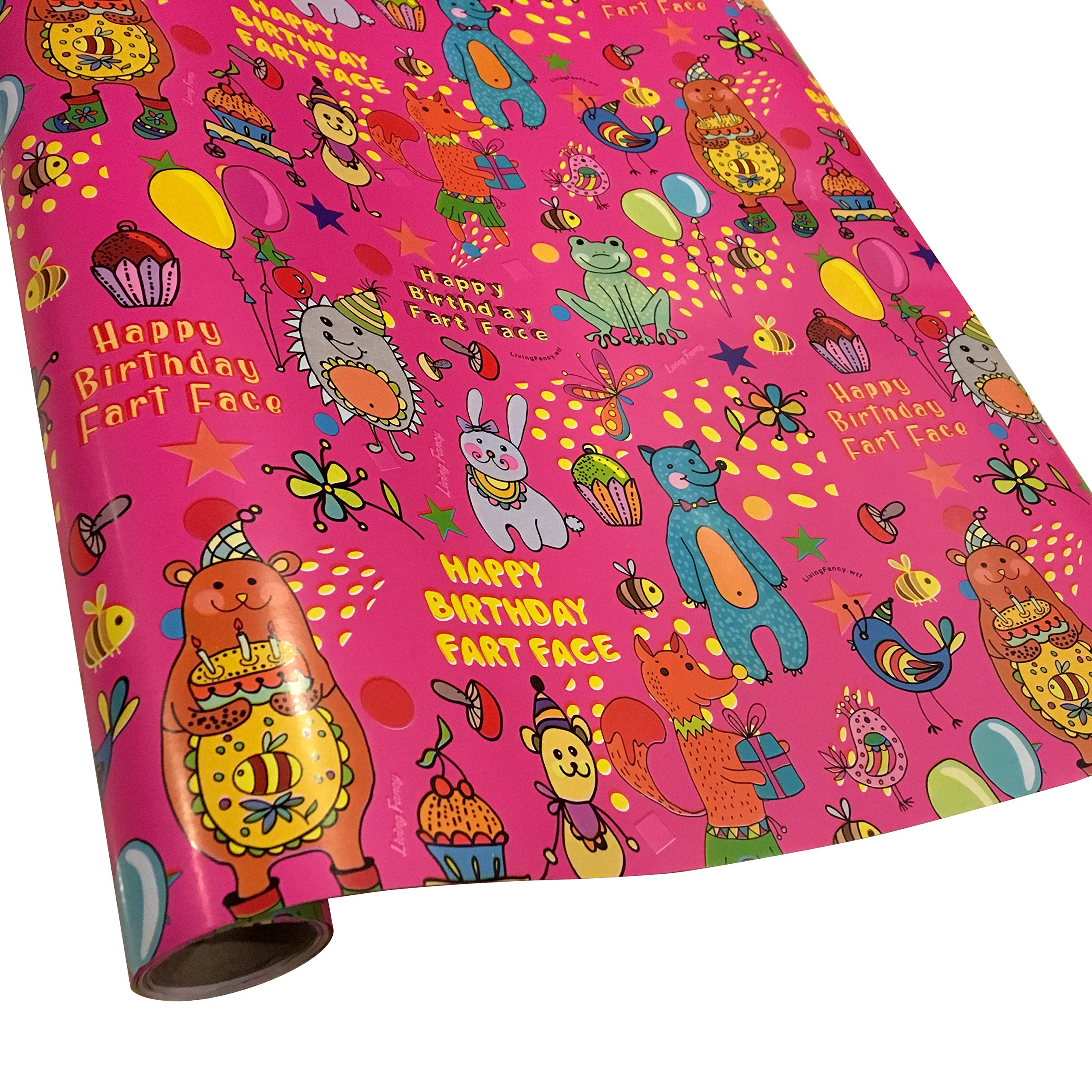 LivingFancy Funny Fart Face Birthday Wrapping Paper - Premium Gift Wrap for Parties, Gag Gifts & Prank Presents
