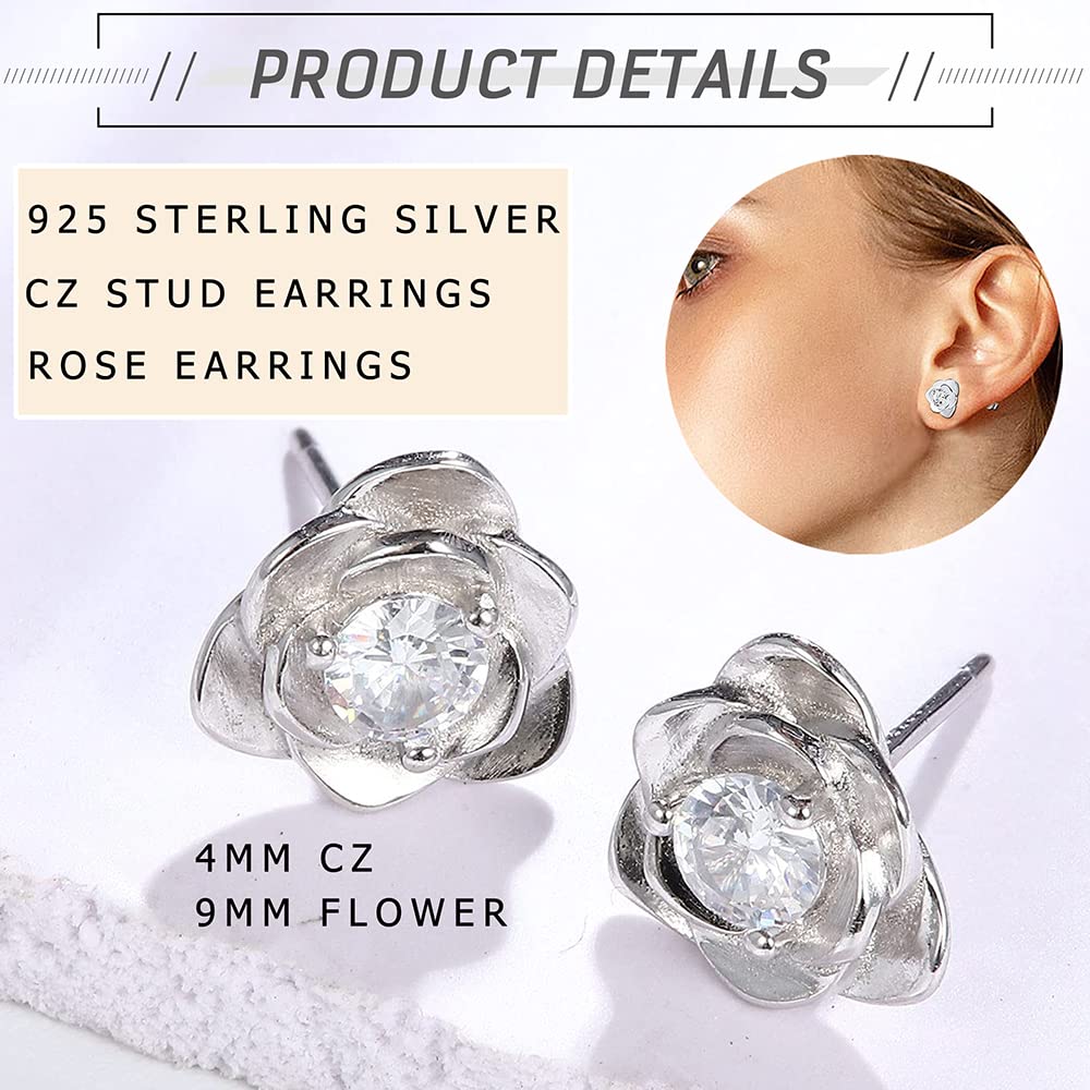 Sllaiss Rose Stud Earrings for Women - 925 Sterling Silver Cubic Zirconia Opal Flower Earrings with White Gold Plating | Perfect for Weddings, Anniversaries & Everyday Elegant Wear