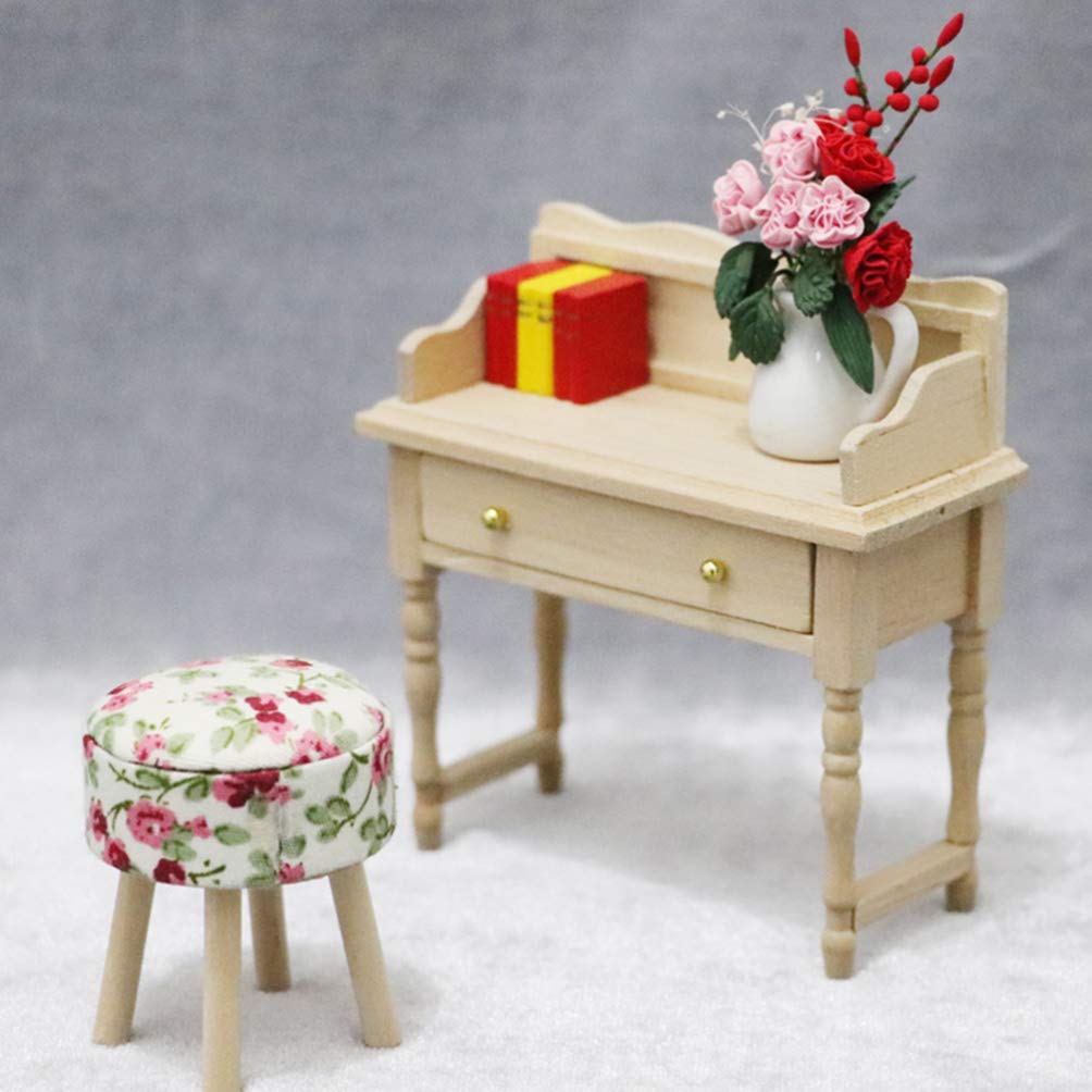 Black Wooden Dollhouse Desk & Vanity Stool - Miniature Kids Furniture for Girls, Model Desk with Mini Chair, Perfect for Dollhouse Decor, Child's Room, and Creative Play Scenes