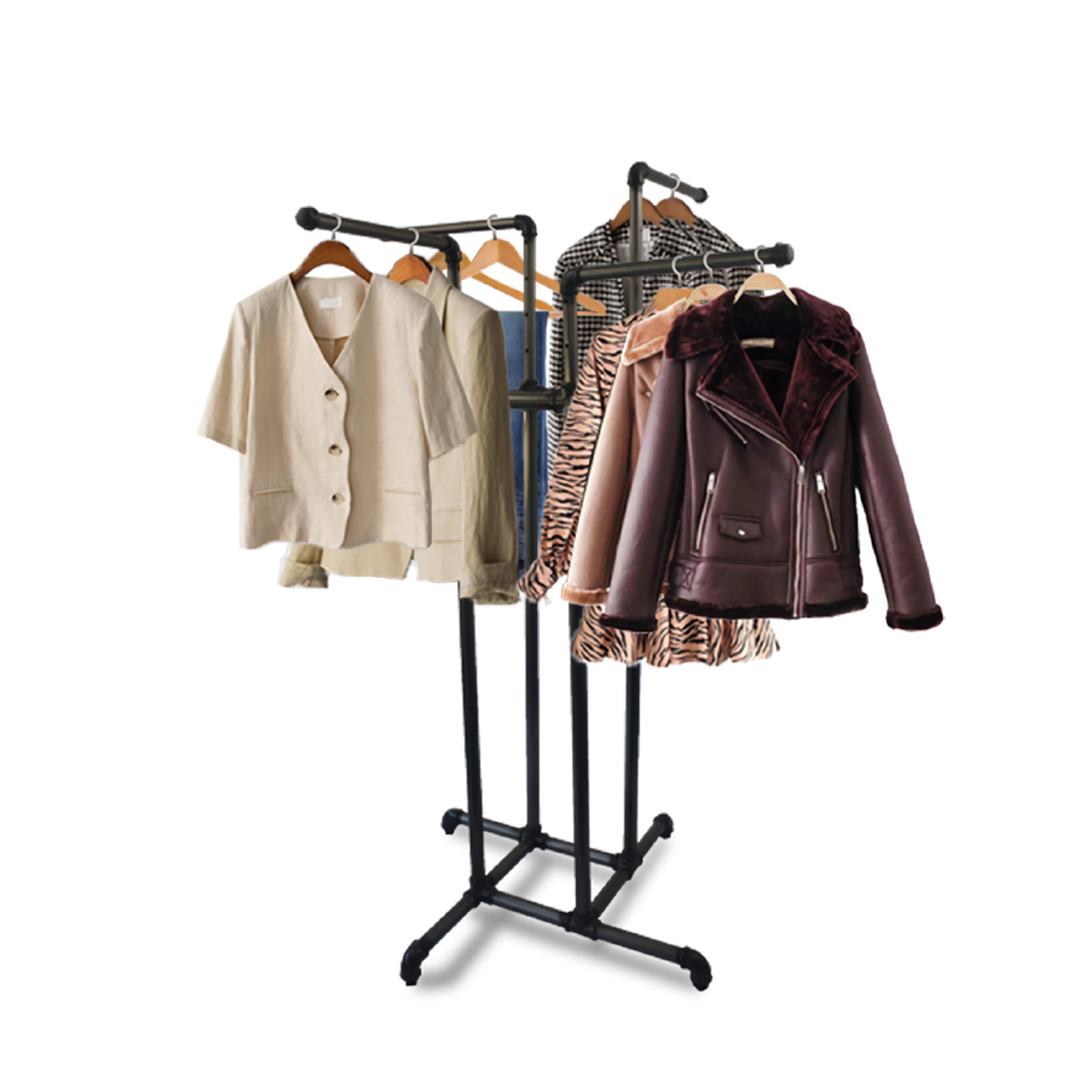 HK FIXTURES Adjustable 4-Way Industrial Pipe Garment Rack - Heavy Duty Clothing Display for Retail Stores, Boutiques & Commercial Use | Perfect for Shop Displays, Warehouse Organization & Fashion Showrooms