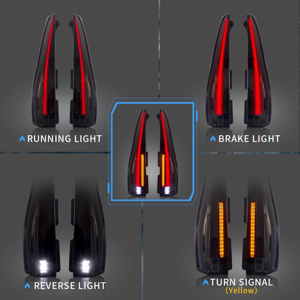 VLAND LED Tail Lights for Chevy Tahoe Suburban & GMC Yukon 2007-2014 - Smoked/Tinted Full LED Rear Lamp Assembly with Yellow Turn Signal (5-Pin Connector) - Perfect for Off-Roading, Night Driving & Vehicle Customization