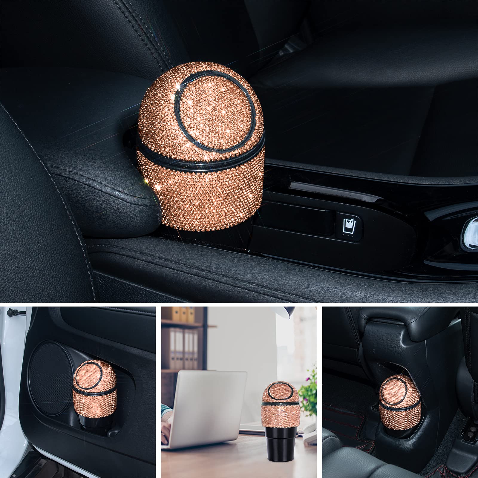 Bling Crystal Car Trash Can with Lid - Mini Auto Garbage Bin for Car, Office & Home - 5 Pack Disposable Bags Included - Gold Cup Holder Trash Can for Women (Perfect for Road Trips, Commuting & Workspace Organization)