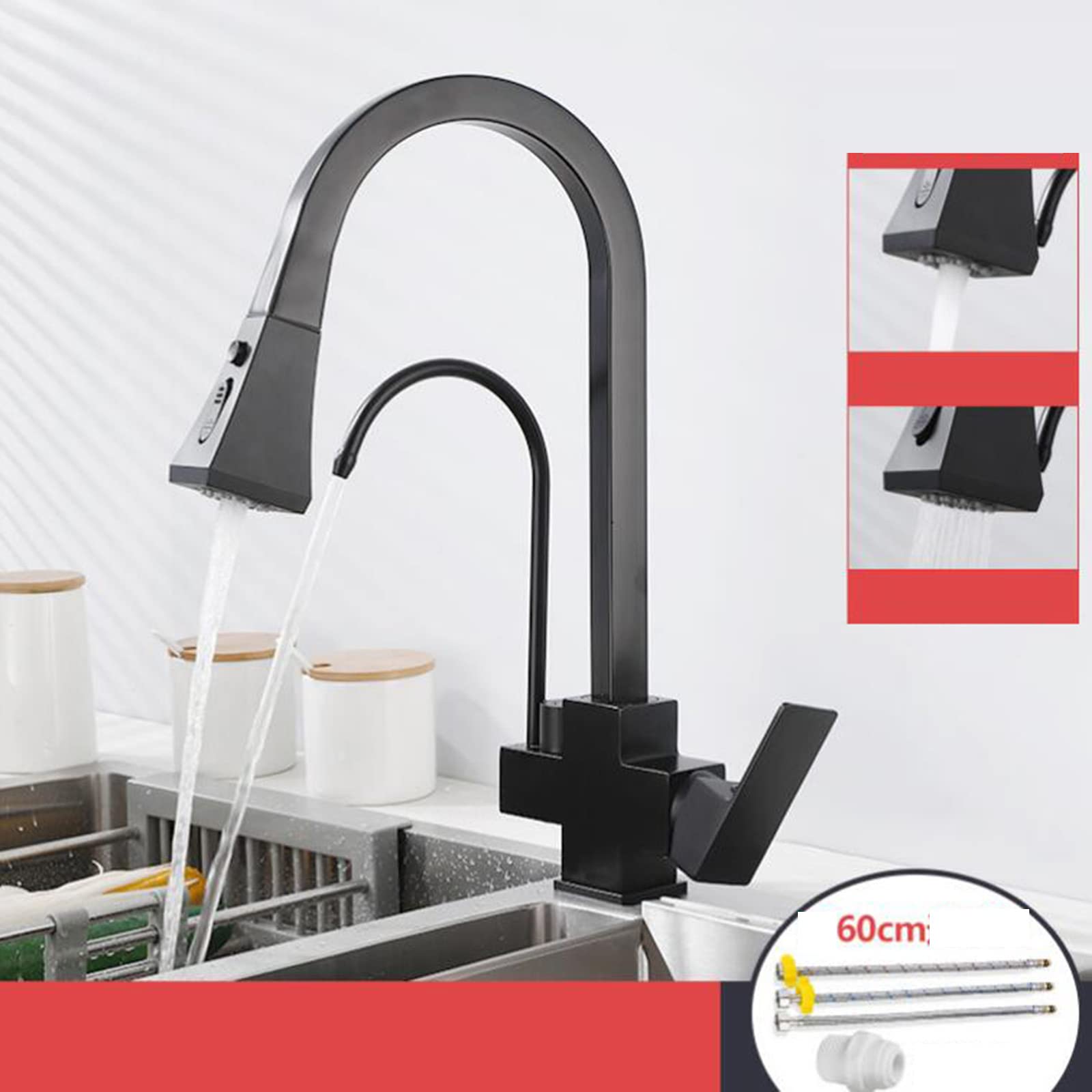 3-Way Pull Out Kitchen Faucet with Drinking Water Function - Hot & Cold Water Rotation - Brass Telescopic Sink Faucet in Black - Perfect for Modern Kitchens, Restaurants & RV Use