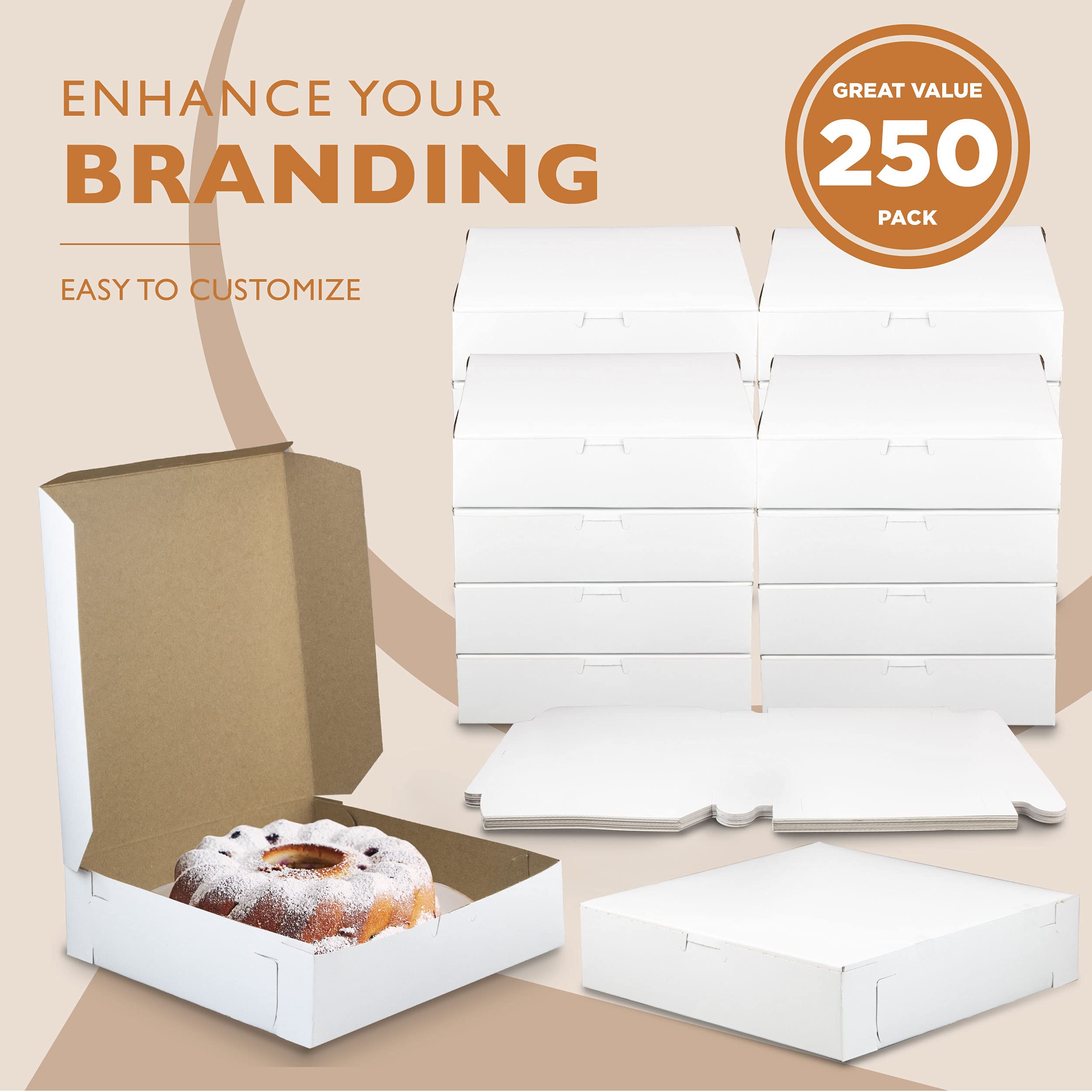 250 Pack White Bakery Boxes 10x10x2.5 Inch - Square Pie Boxes for Cookies, Cheesecake, Chocolate Strawberries & Desserts | Bulk Cardboard Food Containers | Perfect for Bakeries, Catering & Party Treats