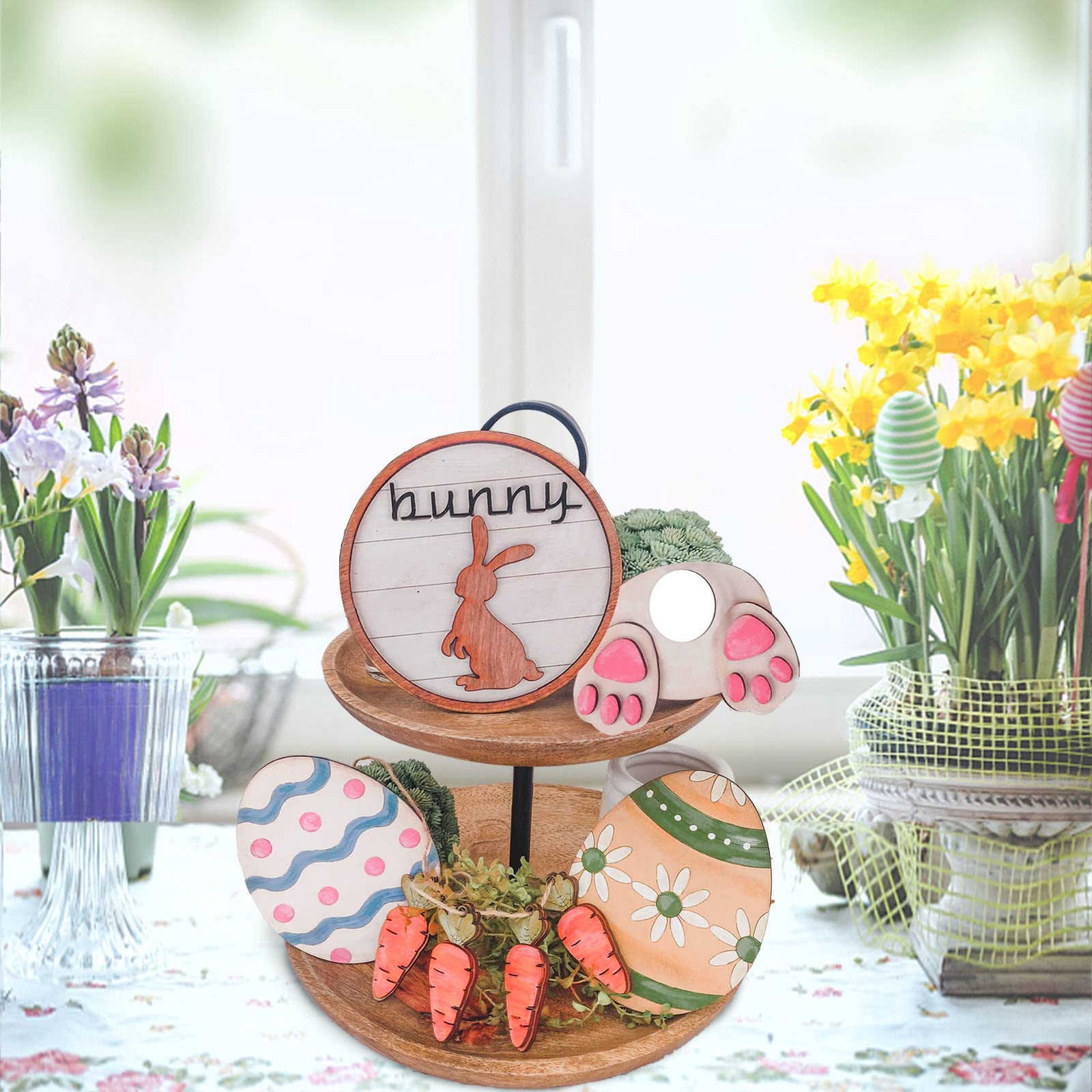 3D Mini Wooden Bunny Signs Easter Tiered Tray Decor - Rustic Wooden Easter Decorations for Home, Office & Party - Perfect for Spring Table Centerpieces, Shelf Displays & Holiday Gift Giving