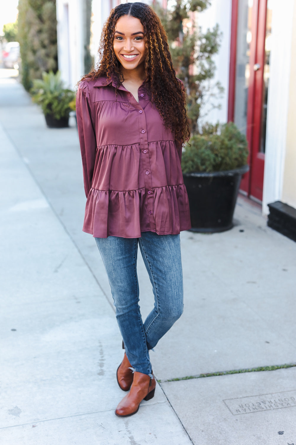 Burgundy Satin Babydoll Top with Button Down & Tiered Design - Perfect for Date Nights, Parties & Casual Outfits