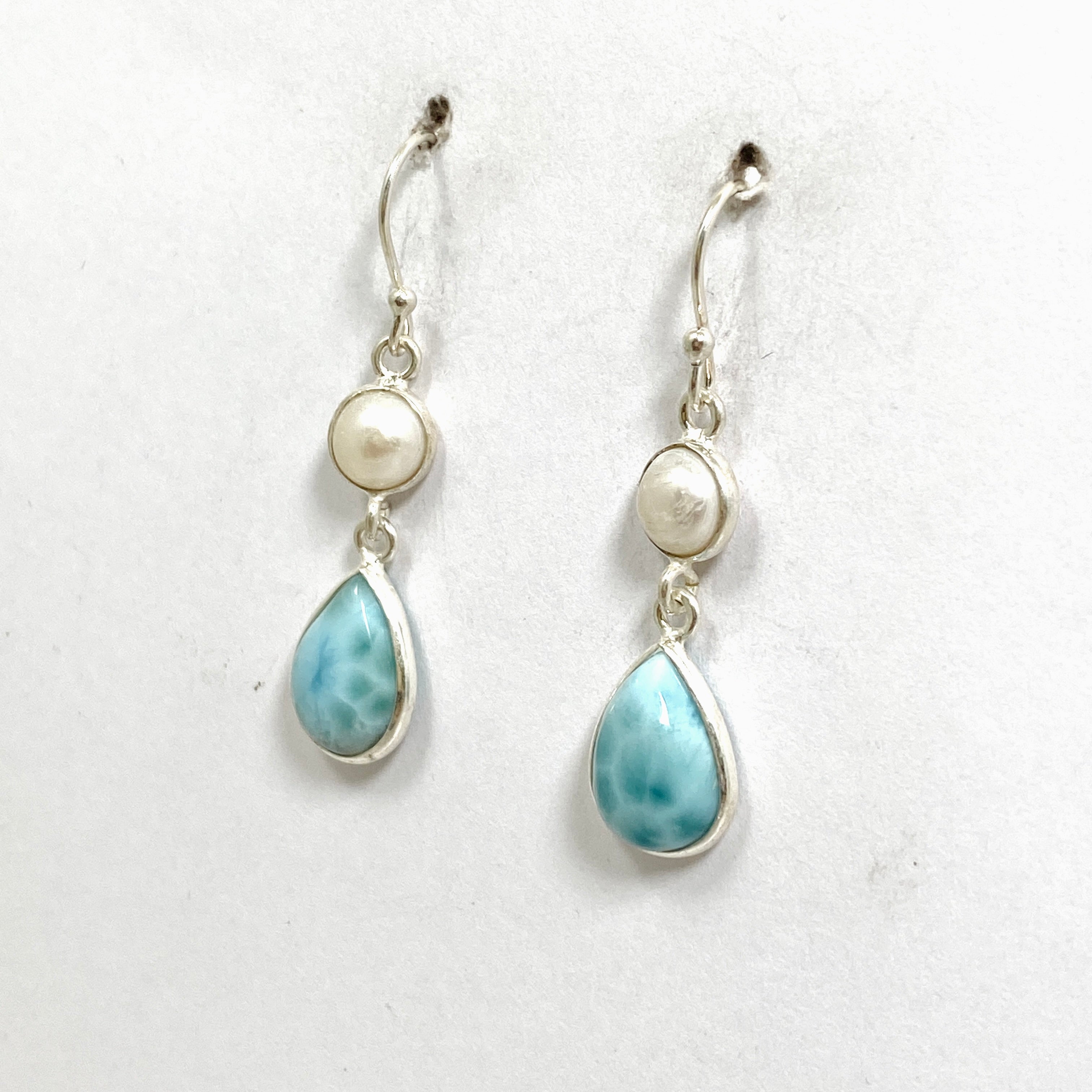 Larimar Teardrop Cabochon Earrings with Pearl Accent - Handmade Sterling Silver Jewelry ER232 LAR - Perfect for Beach Weddings & Boho Fashion