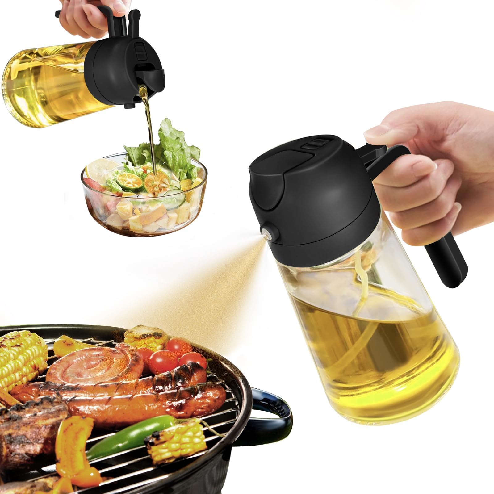 KELVEE 2-in-1 Olive Oil Sprayer Bottle - 16oz/470ml Premium Glass Oil Dispenser for Cooking, Kitchen, Air Fryer, Salad, Frying & BBQ - Food Grade Oil Mister for Healthy Cooking & Meal Prep