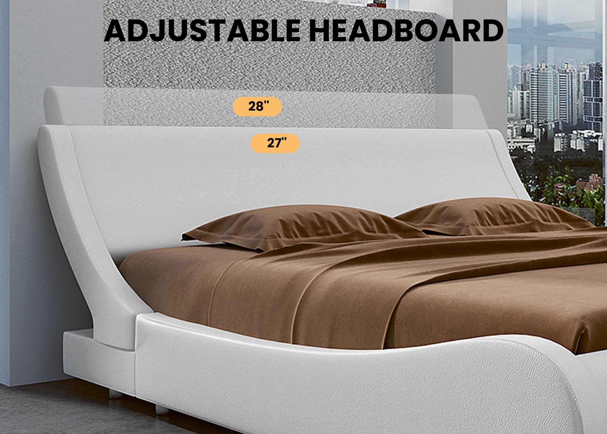Modern Low Profile Platform Bed Frame Queen Size - Faux Leather Upholstered Sleigh Bed with Adjustable Headboard, No Box Spring Needed, White - Perfect for Contemporary Bedrooms, Guest Rooms & Small Spaces