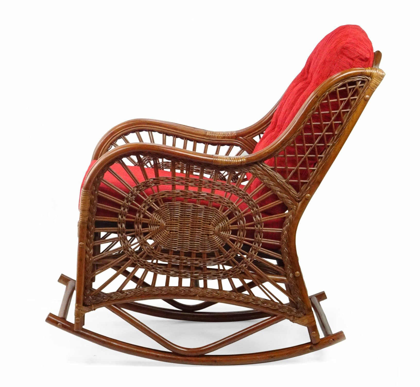 Malibu Rocking Handmade Lounge Chair - Eco-Friendly Natural Wicker Rattan with Red Cushion - Indoor Use Only - Perfect for Living Room, Sunroom or Patio Relaxation