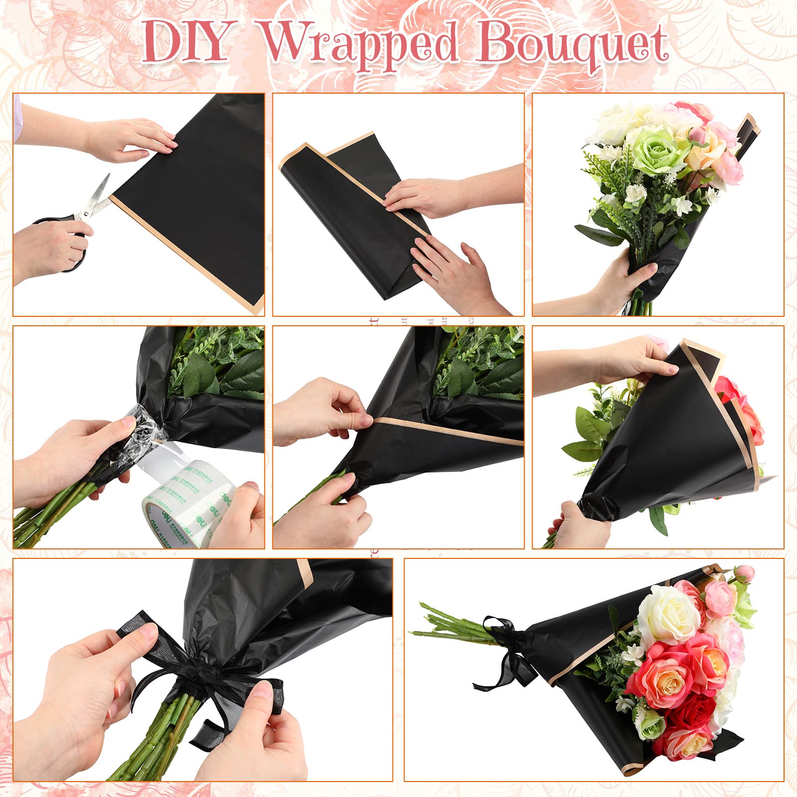 60 Sheets Waterproof Floral Wrapping Paper with Gold Edge - Korean Style Bouquet Wrap for DIY Crafts, Valentine's Day Gifts, Wedding Decorations - Perfect for Flower Arrangements, Gift Packaging & Party Decor (Black)