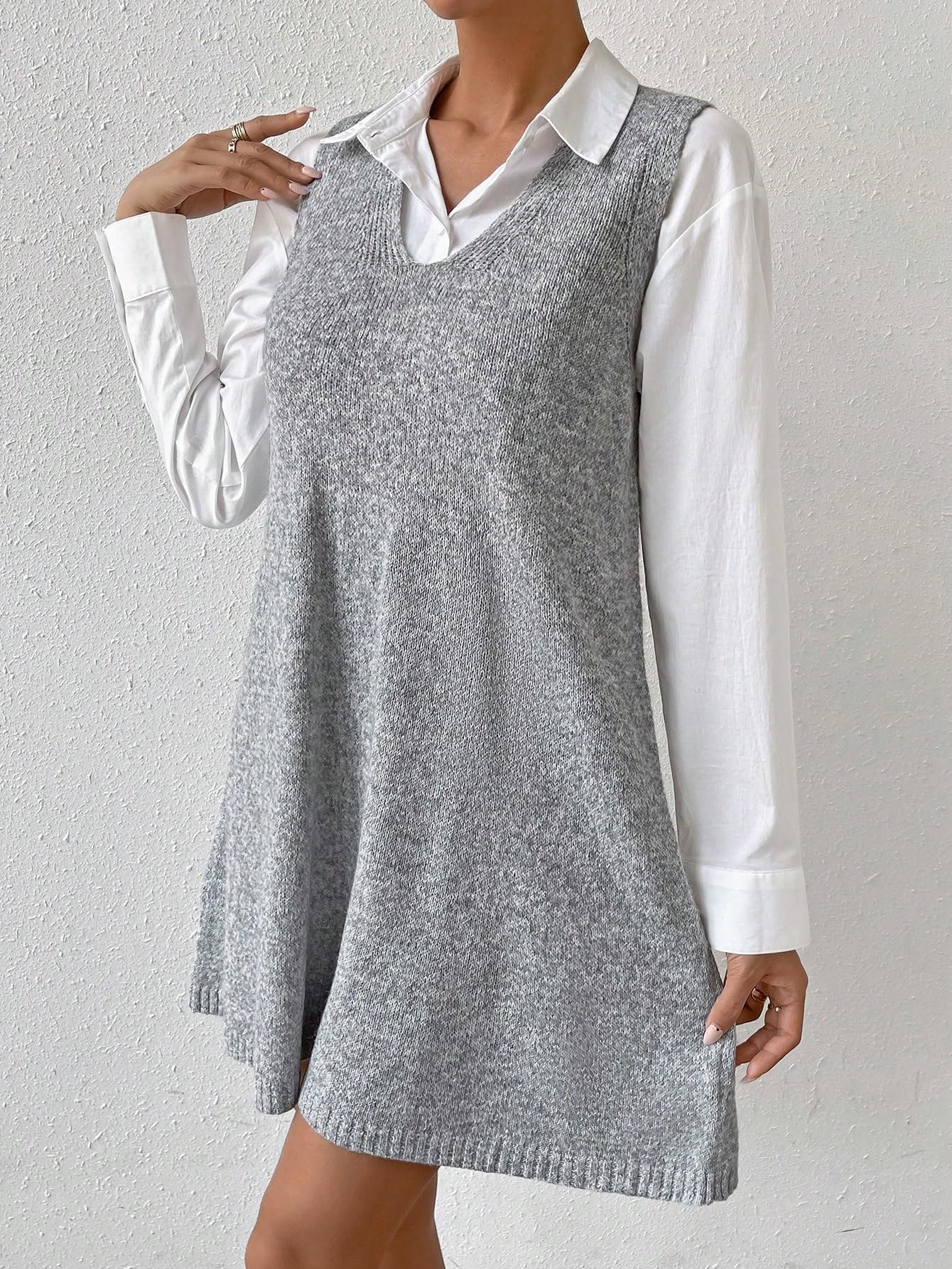 SHENHE Women's Casual Loose Fit V-Neck Sweater Dress - Long Knit Vest Jumper Dress in Grey for Fall & Winter | Perfect for Office, Date Night & Weekend Outfits
