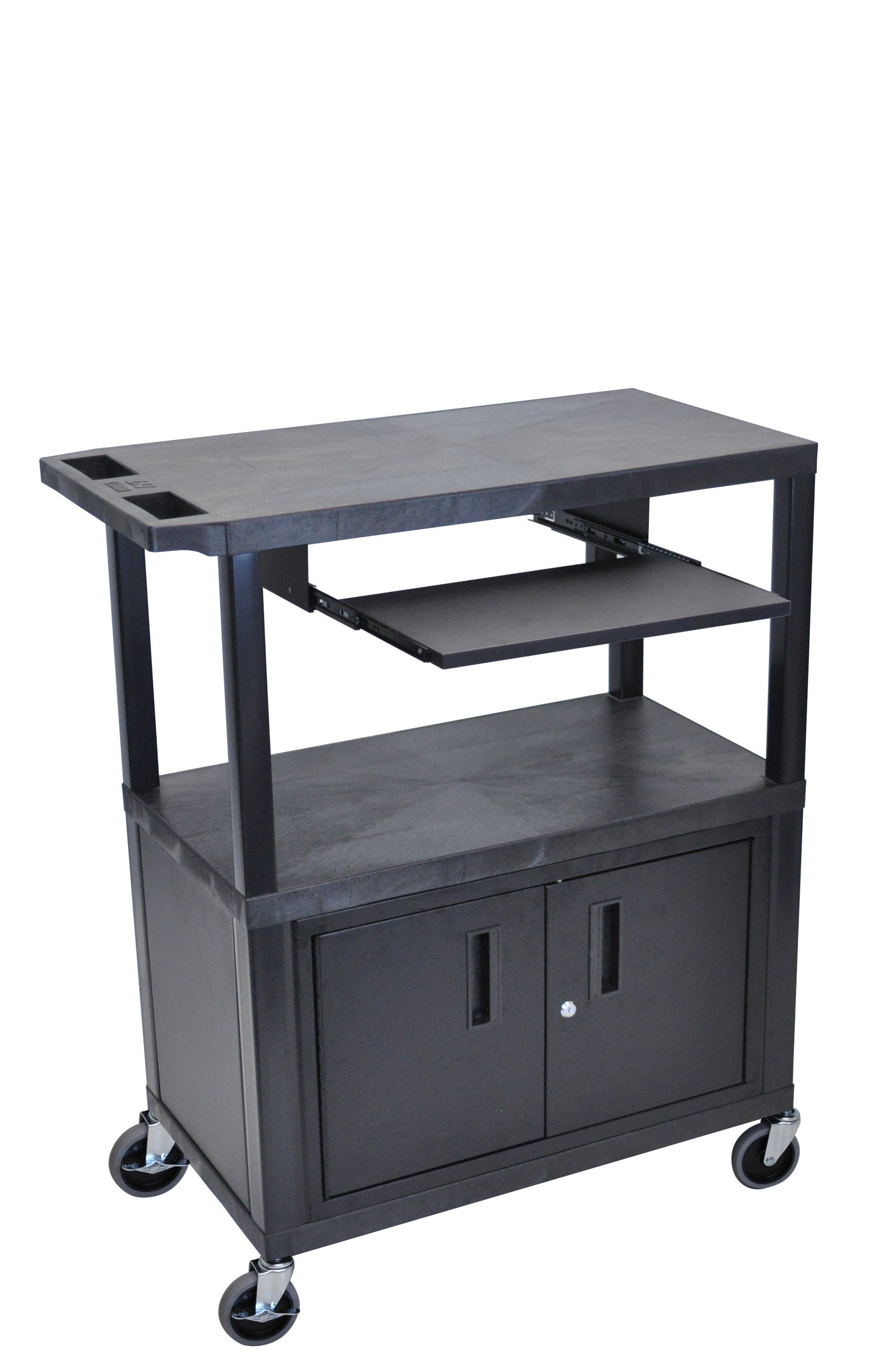 Luxor 3-Tier Flat Shelves with Cabinet & Pullout Shelf - Black Display Organizer for Office, Retail, or Home Storage