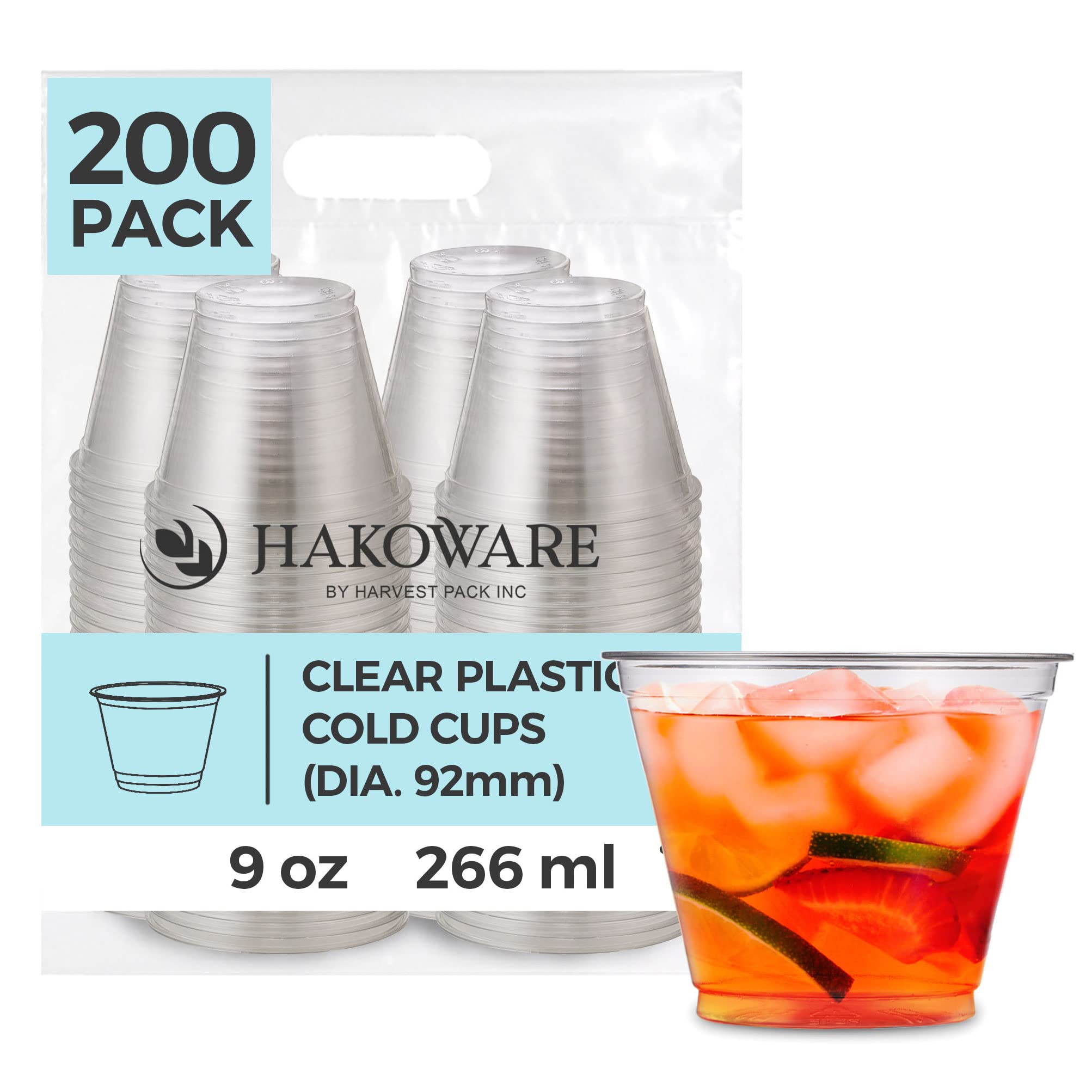 200 Count HAKOWARE 9oz Ultra Clear Disposable Plastic Cups - Wedding, Party & Cocktail Drinkware - Perfect for Iced Coffee, Cold Beverages & Outdoor Events