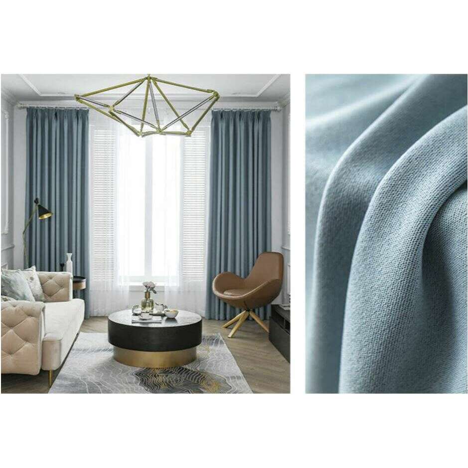 Rémy Blackout Double-Sided Plain Linen Thermal Insulated Curtains - Light Blue | Energy Efficient Window Treatment for Bedroom & Living Room