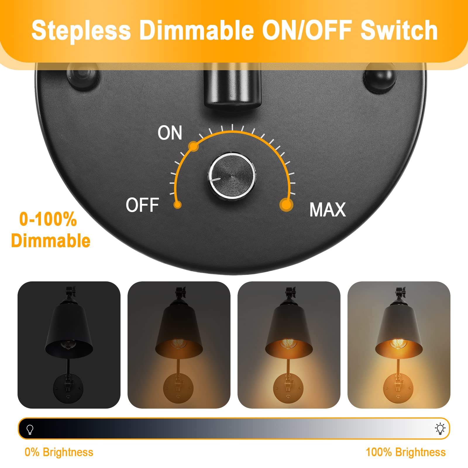 HOXIYA Dimmable Swing Arm Plug-in Wall Lamps Set of 2 - Matte Black Industrial Reading Lights with Dimmer Switch Cord - Perfect for Bedroom, Living Room & Home Office Lighting