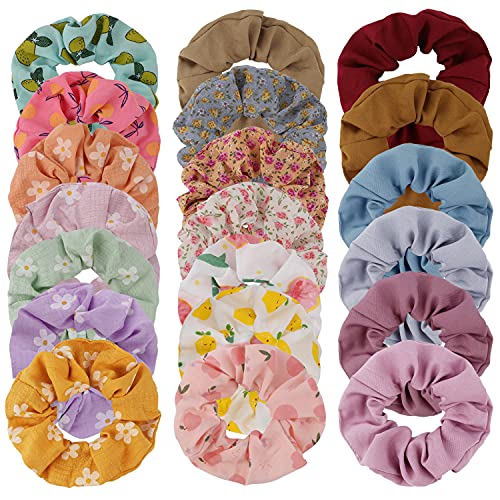 20 Pcs Floral & Solid Color Scrunchies Hair Ties for Women & Girls - Soft Elastic Cotton Hair Bands for Ponytails, Buns & Everyday Styling - Perfect for Work, School, Gym & Casual Outfits