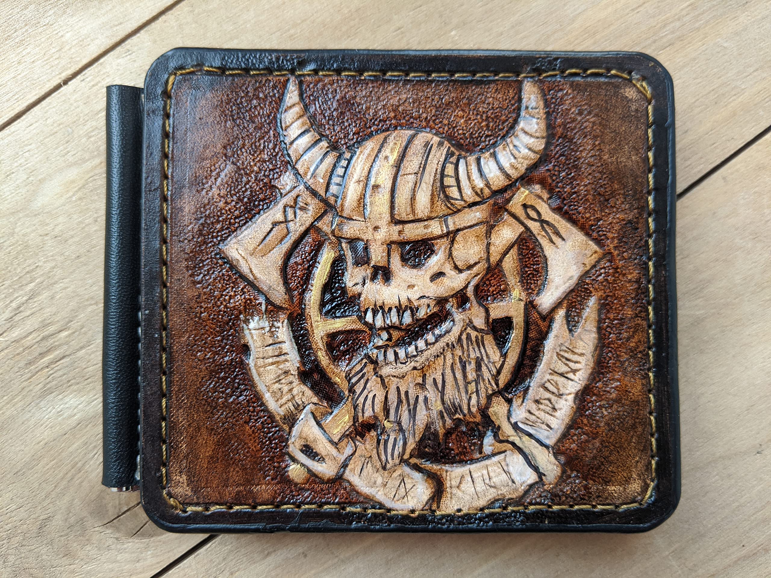 Viking Warrior 3D Genuine Leather Wallet for Men - Handmade Carved Money Clip with Norse Axes, Odin, Runes & Crow Design - Custom Personalized Airbrush Art Tooled Skeleton Skull Wallet - Perfect for Viking Lovers, Collectors & Unique Gift Ideas