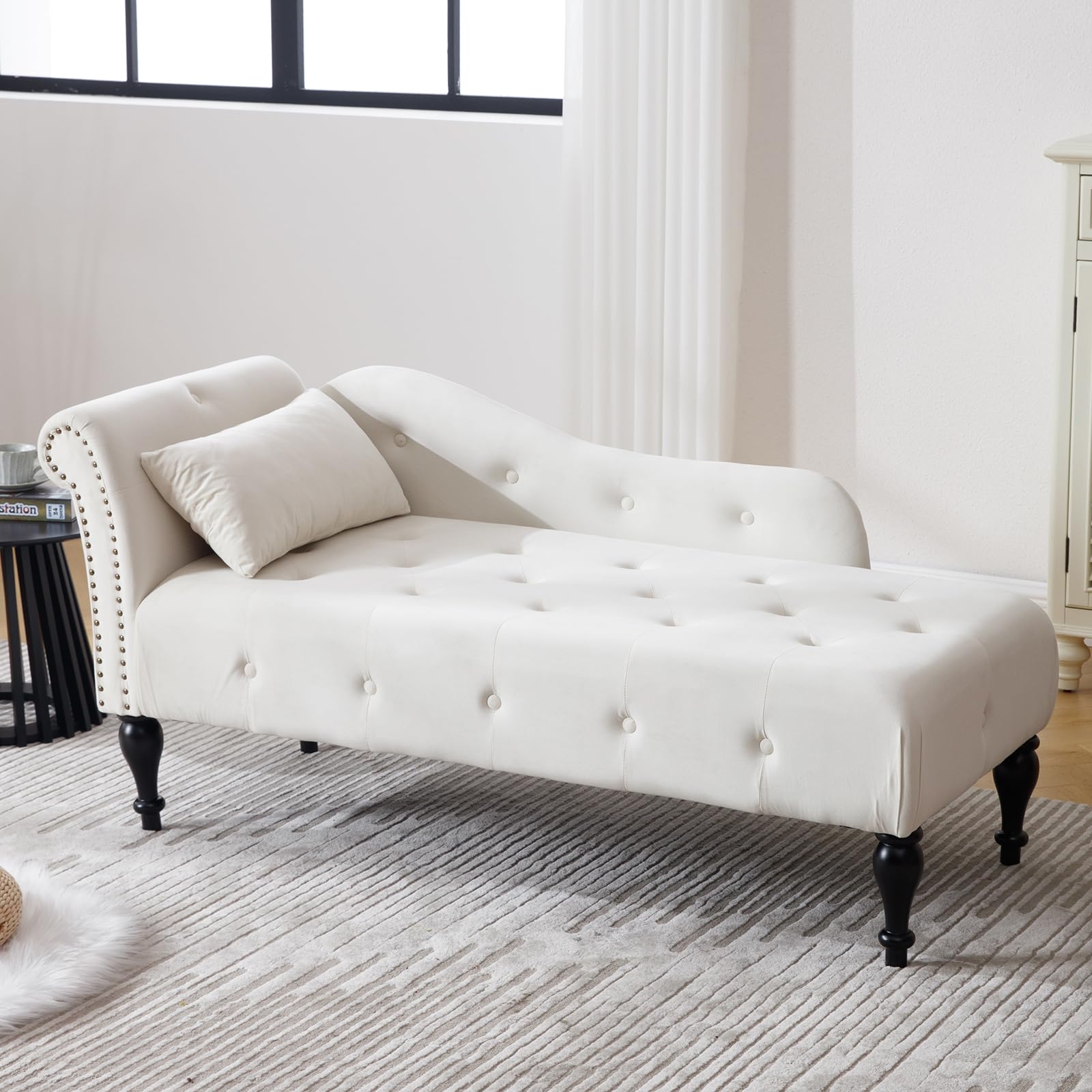 DecoraFlex Tufted Velvet Chaise Lounge Chair - Modern Upholstered Rolled Arm Sofa with Nailhead Trim - Comfortable Living Room, Bedroom & Office Furniture for Relaxing & Reading
