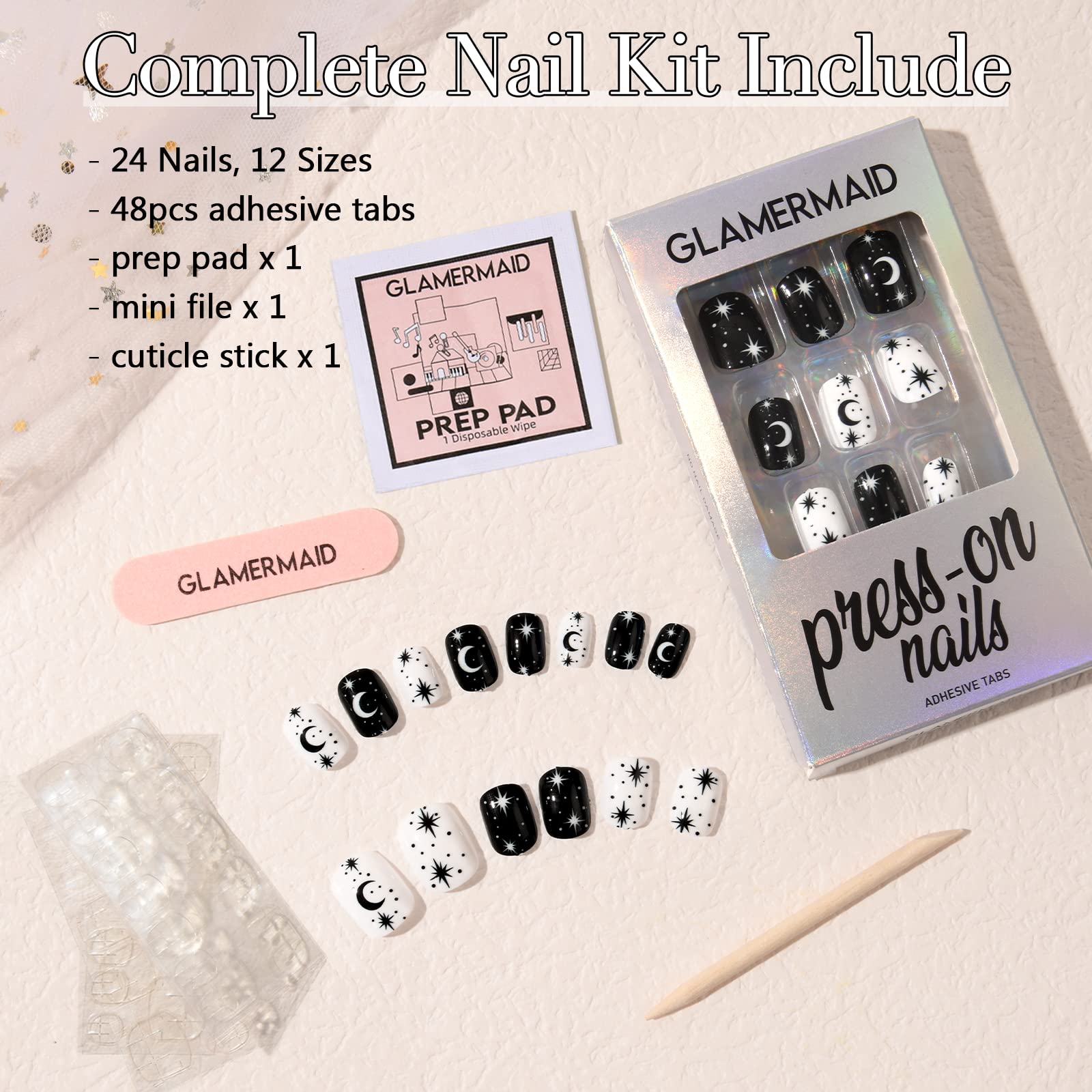 Gothic Black and White Press on Nails with Stars - 24Pcs Short Squoval Fake Nails, Reusable Glossy UV Gel Acrylic Nails for Women | Perfect for Halloween, Parties, and Everyday Manicure