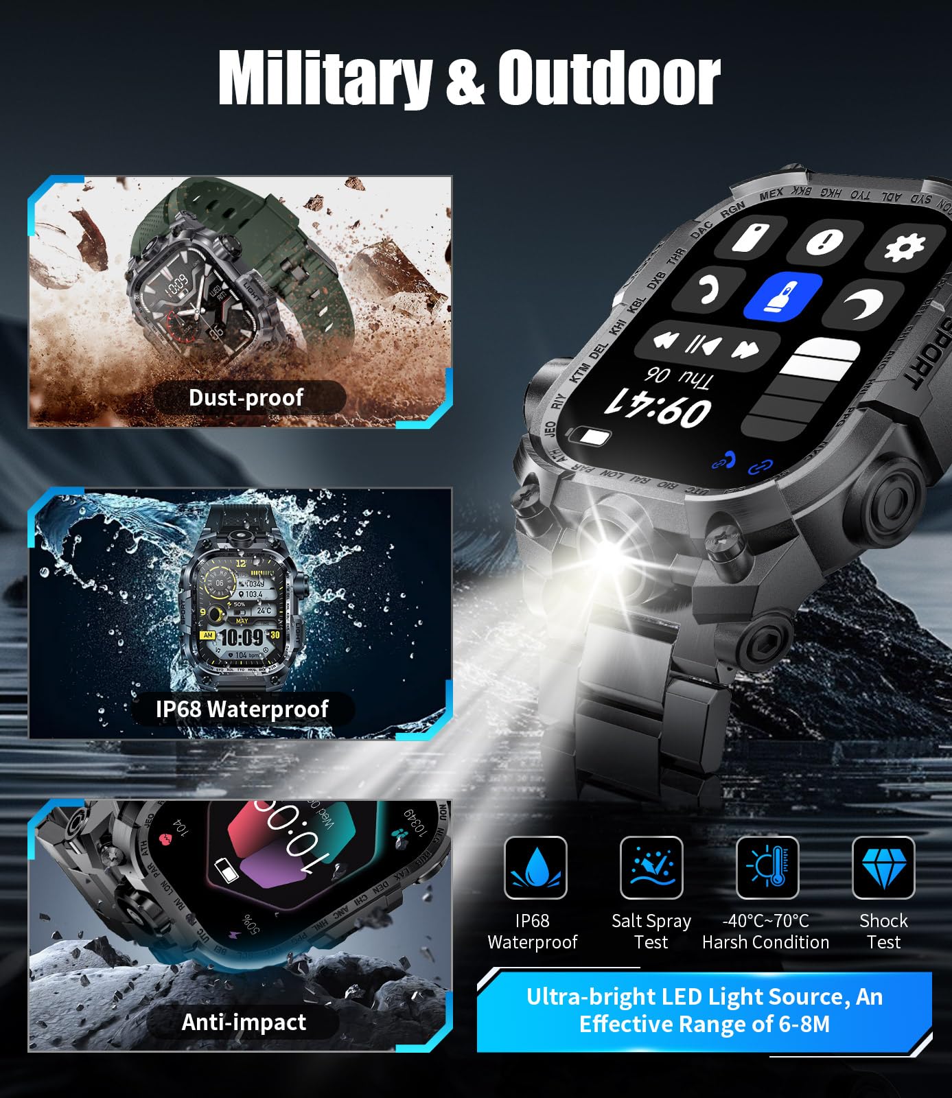 LIGE Military Smart Watch for Men - Answer/Make Calls, LED Flashlight, 2.01