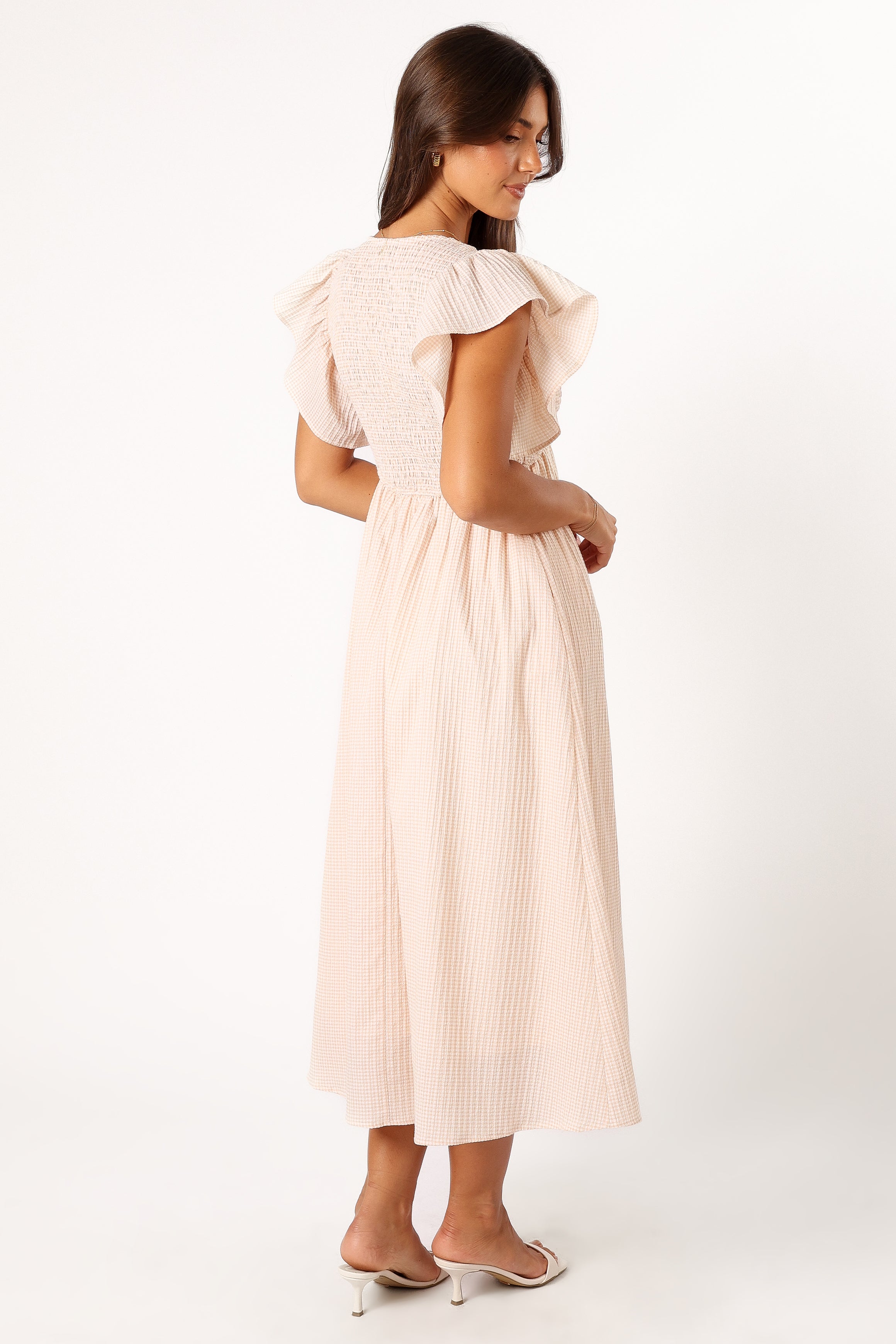 Farley Flutter Sleeve Midi Dress - Tan Gingham Checkered Summer Dress for Women | Casual Daytime Wear, Beach Cover Up, Brunch Outfit, Wedding Guest Dress