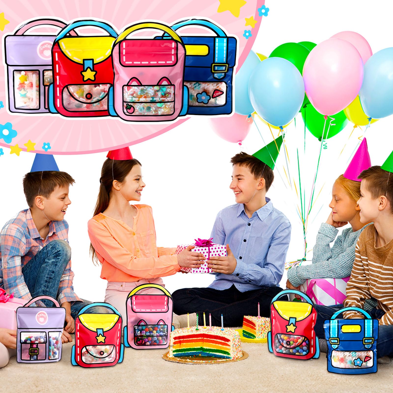 40 Pcs Bulk Kids Goodie Bags - Trendy Top Handle Party Favor Bags for Birthday, Baby Shower, Classroom & Back to School (7.2