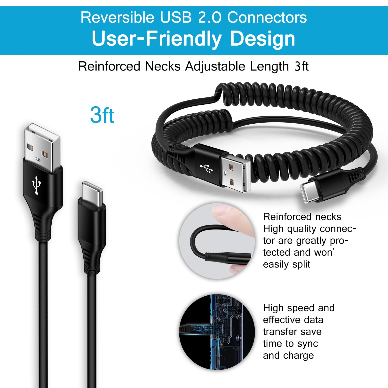 Samsung S24 Ultra FE Coiled USB C to USB A Fast Charging Cable - 3FT Retractable Charger Cord for Galaxy S24+/S23/S22/S21/S25+, iPhone 16/15 Pro Max Plus, Google Pixel 9/8/7/6 - Perfect for Car, Home & Travel Charging