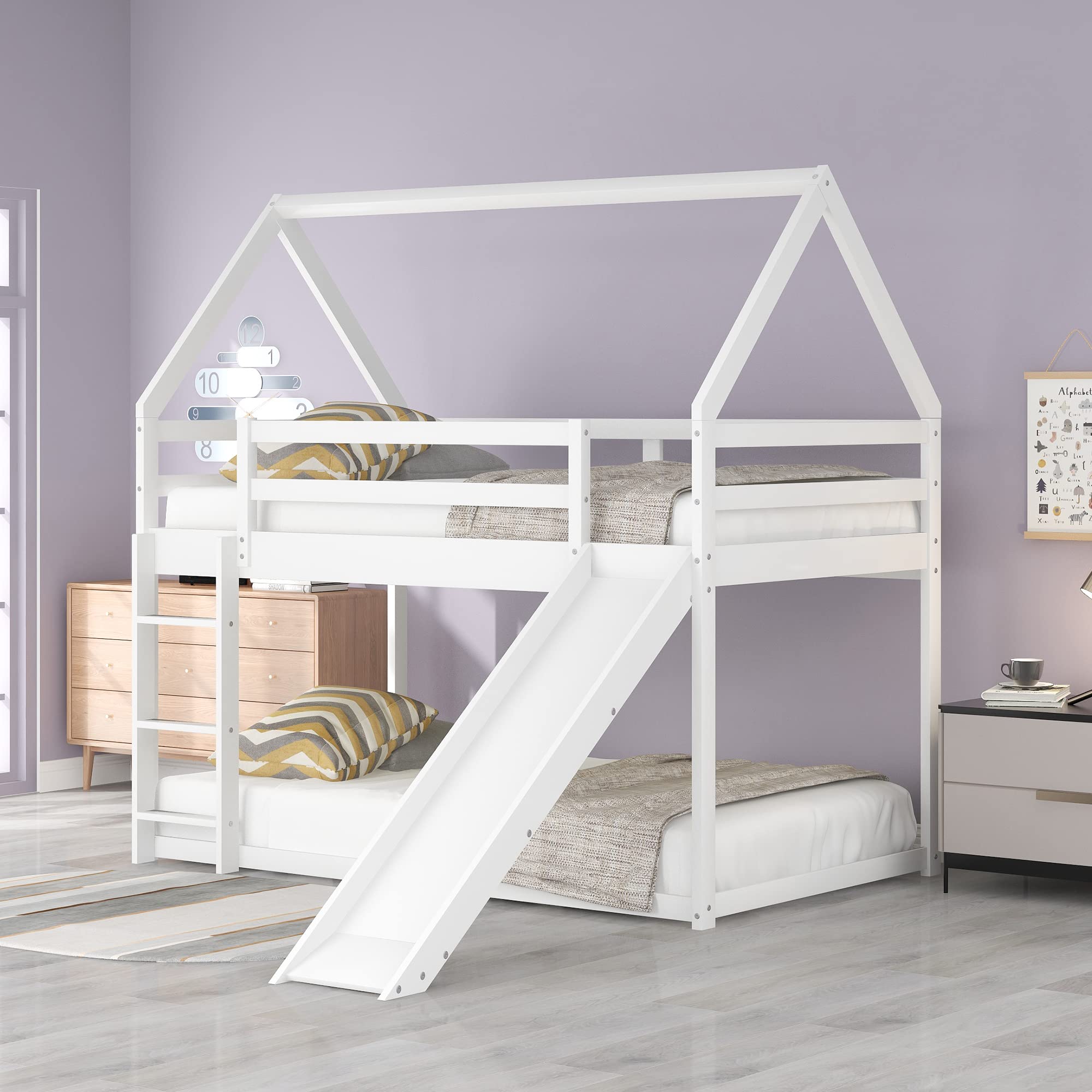 Harper & Bright Designs Twin Bunk Beds for Kids - Wooden House Style with Slide & Roof - Space-Saving Twin Over Twin Bunk Bed for Boys & Girls - Perfect for Small Bedrooms, Kids' Rooms & Shared Spaces - White