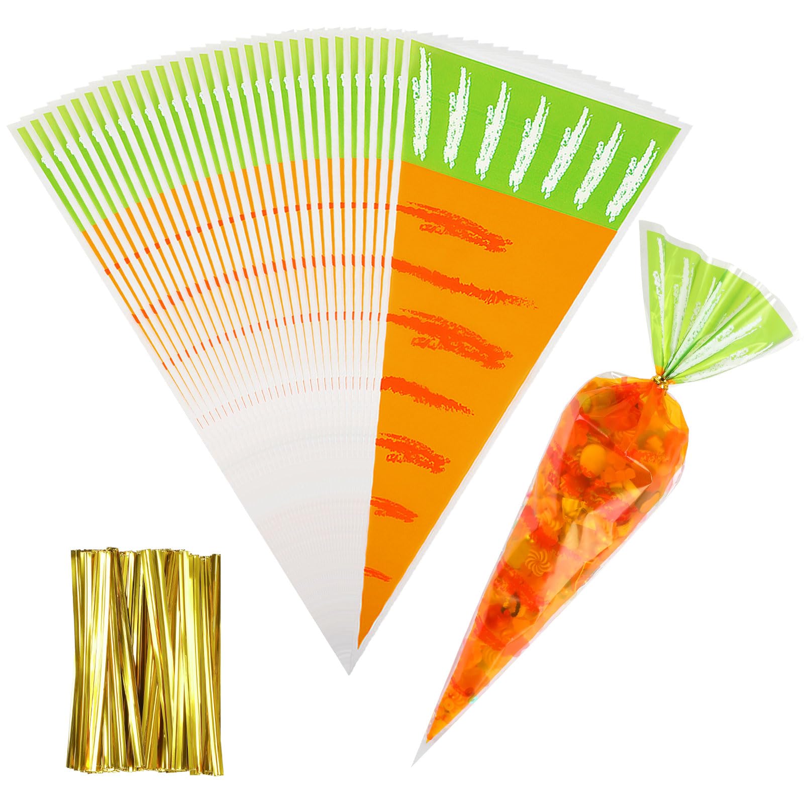 CCINEE 100 Pcs Easter Carrot Shaped Candy Bags - Translucent Cone Treat Bags with Twist Ties for Easter Party Favors, Gift Wrapping & Home Decor | Perfect for Easter Egg Hunts, Classroom Treats & Spring Celebrations