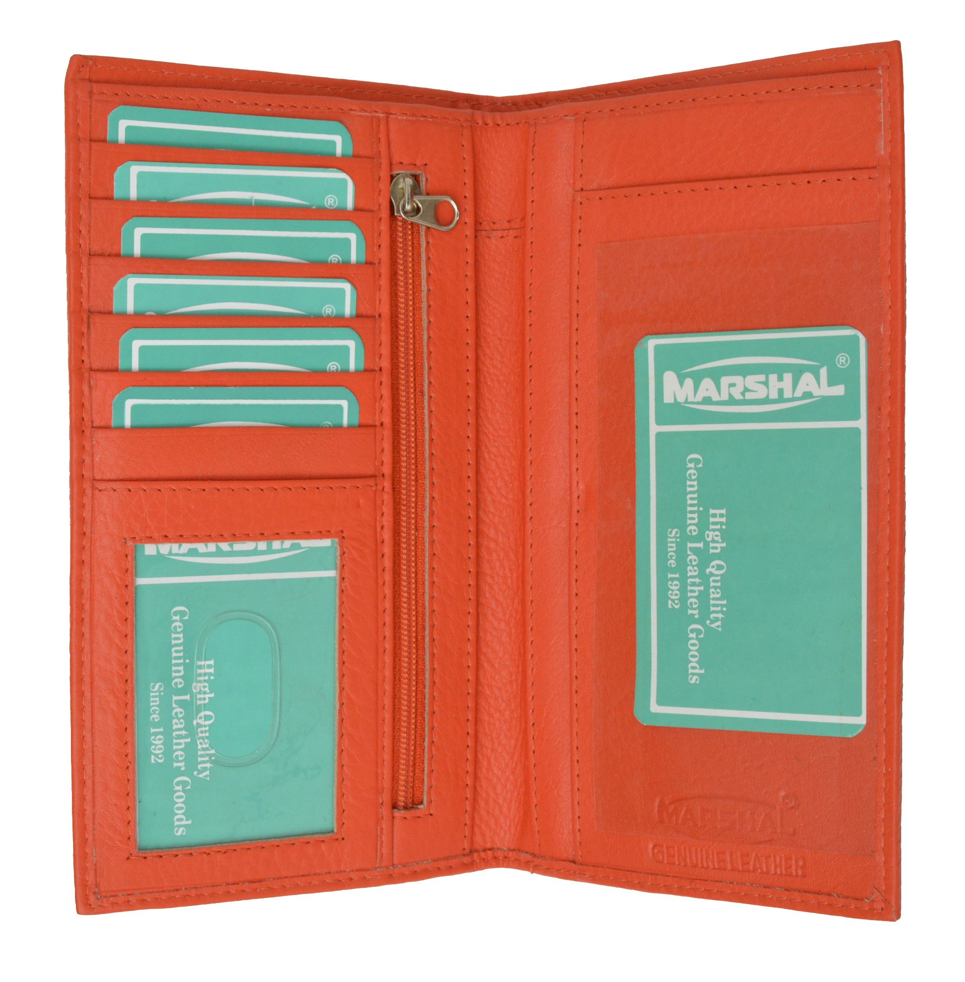 Marshal Brand Premium Leather Checkbook Wallet - ID & Credit Card Holder Organizer (Orange) - Perfect for Business, Travel & Everyday Use