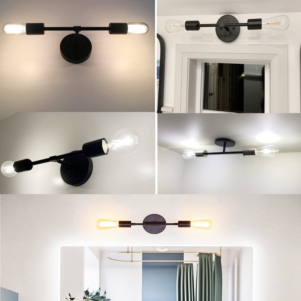 Modern Black Wall Sconce Light - 2 Light Industrial Vanity Fixture with E26 Base - Bathroom, Living Room, Bedroom, Hallway, Entryway & Porch Lighting - Perfect for Ambient & Task Lighting (2 Lights-1pc-Black)